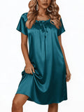 Oudiya Women Satin Silk Nightgown Pleated Loose Sleepwear Printed Nightshirt Short Sleeve Sleep Dress, S-4XL