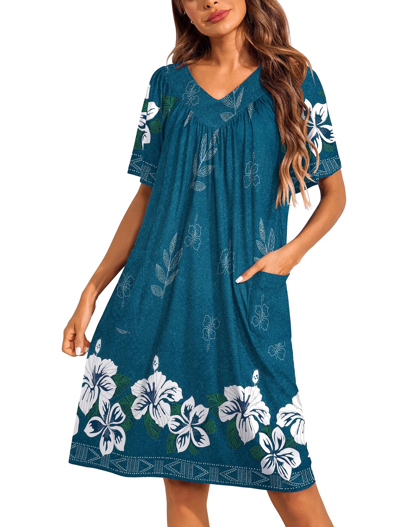 Oudiya Womens Mumus House Dress Floral Print Short Sleeve Nightgowns Moomoo Dresses with Pockets