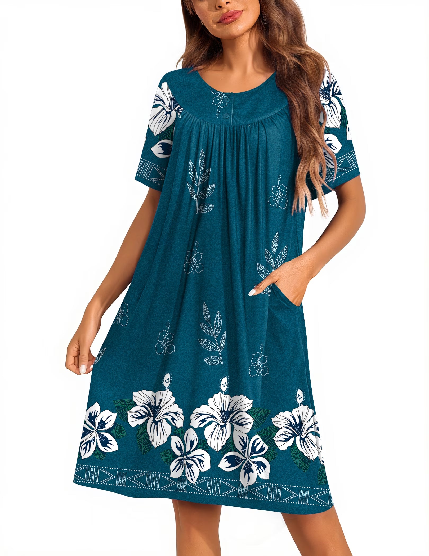 Oudiya Women Moo Moos House Dresses Button Short Sleeve Floral Mumu Nightgown with Pocket, S-3XL