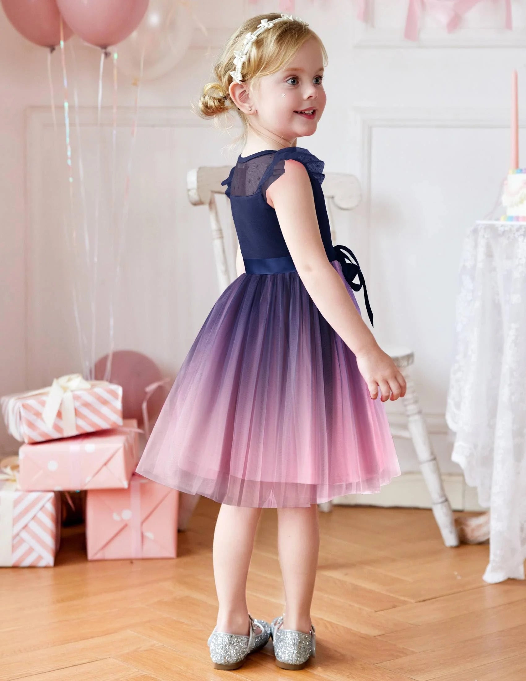 Oudiya Toddler Girls Tutu Dress Summer Contrast Mesh Party Dresses Cute Princess Tulle Sundress with Belt 2-8Y