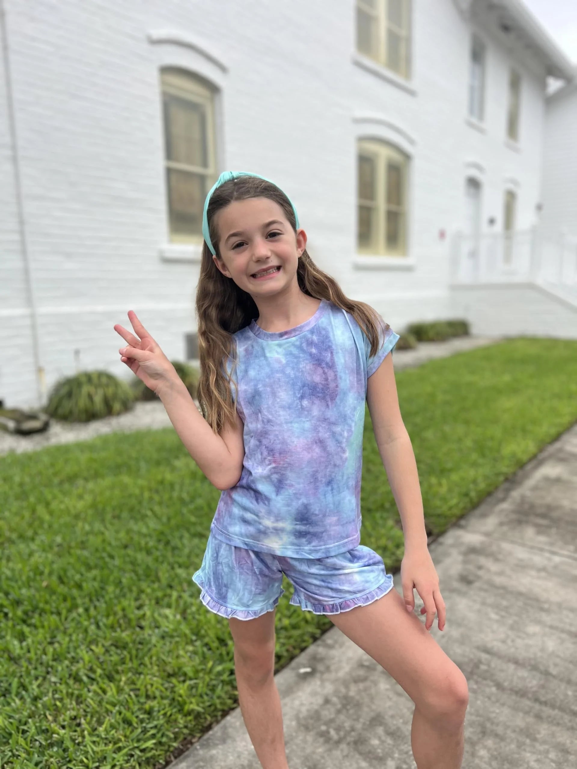 Oudiya Girls 2 Piece Tie Dye Pajamas Set Summer Trendy Outfit Lounge Set Kids Sleepwear