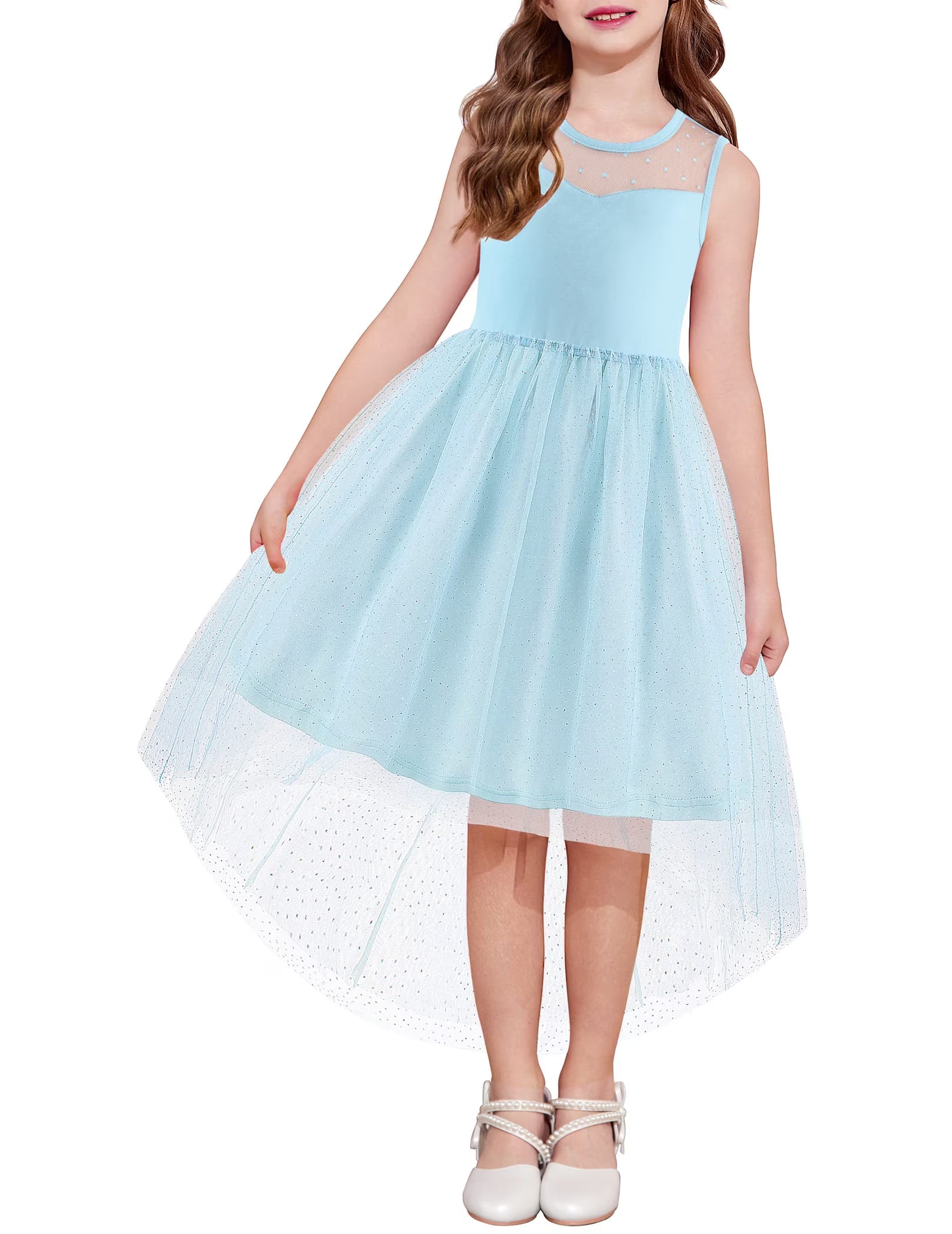 Oudiya Girls Formal Party Dresses Wedding Tulle Sleeveless Contrast Mesh High Low Flower Dress with Belt