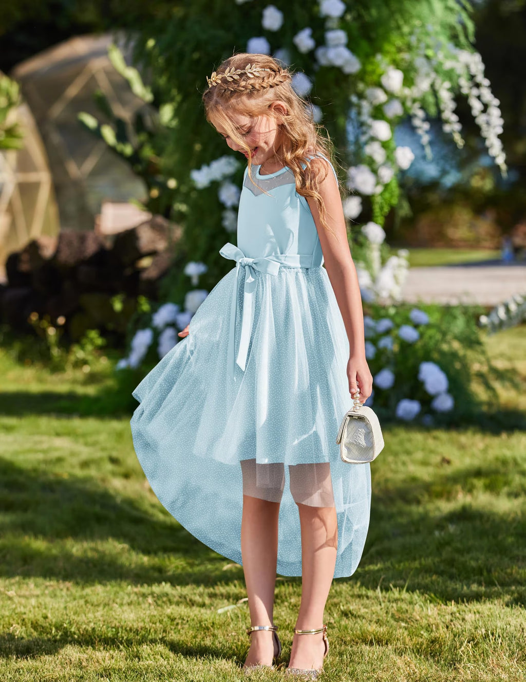 Oudiya Girls Formal Party Dresses Wedding Tulle Sleeveless Contrast Mesh High Low Flower Dress with Belt