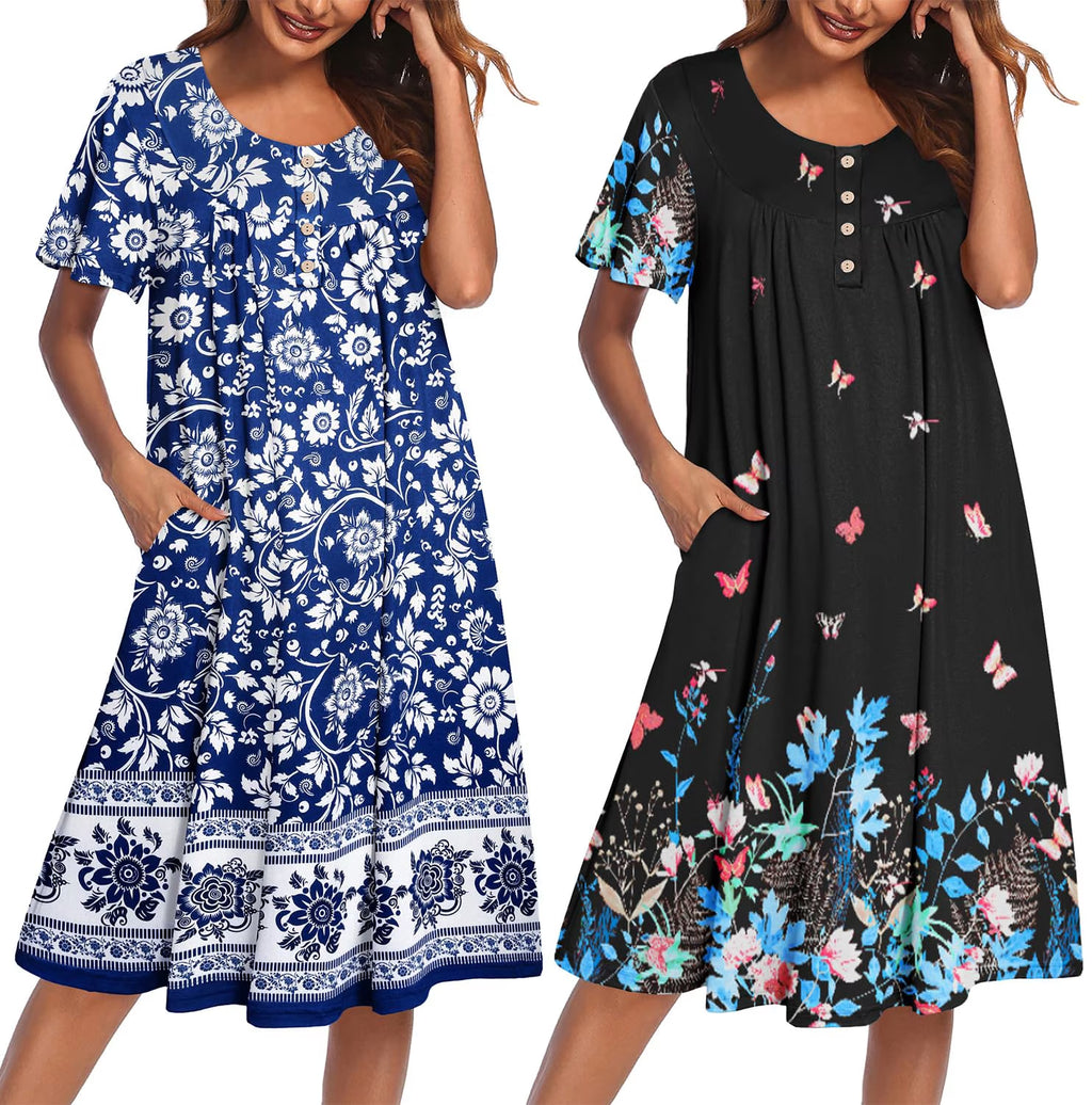 Oudiya 2 Pack Women House Dresses with Pockets Short Sleeve Mumu Dress Plus Size Moomoo Nightgown Floral Lounge Dress, S-4XL