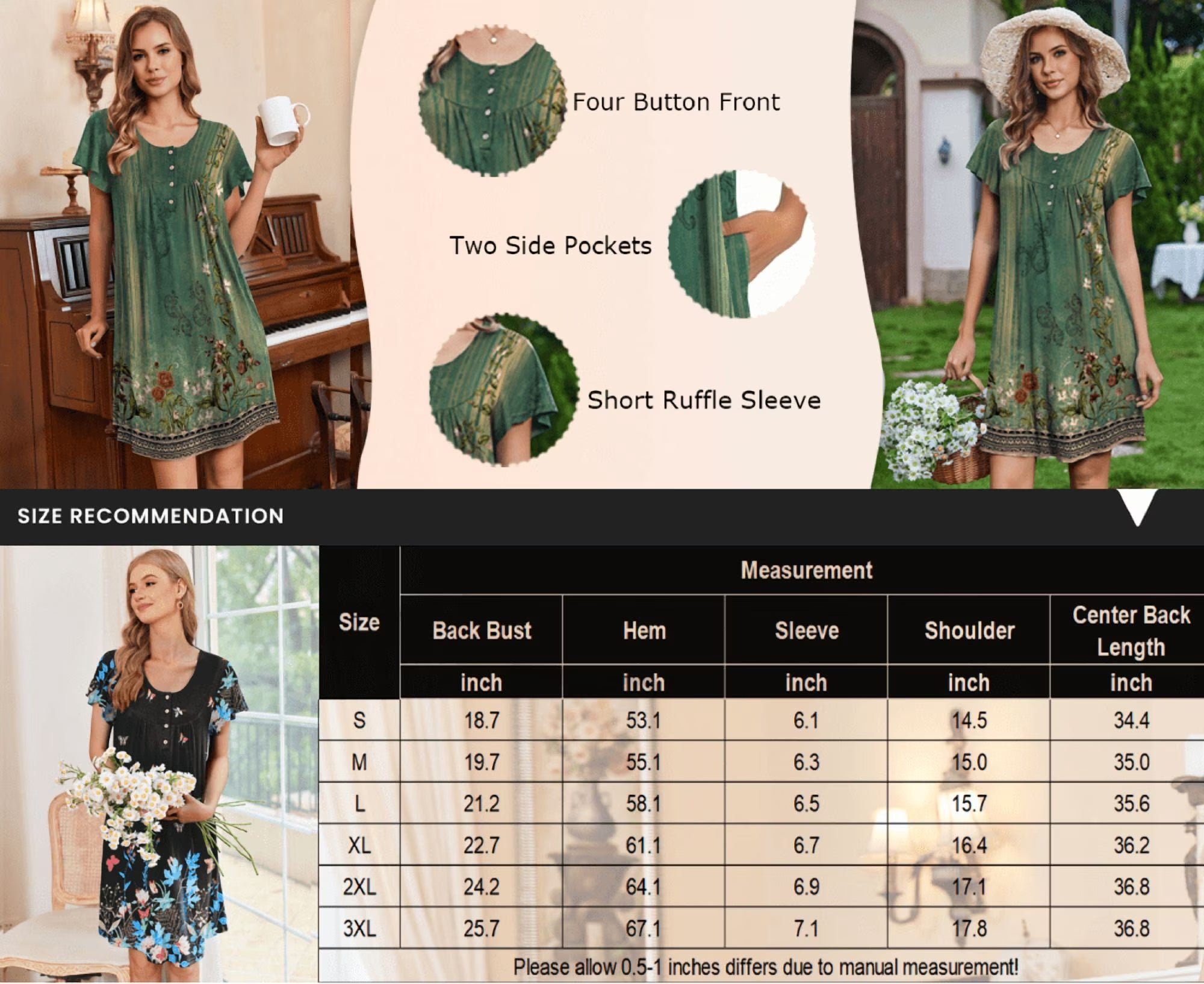 Oudiya 2 Pack Women House Dresses with Pockets Short Sleeve Mumu Dress Plus Size Moomoo Nightgown Floral Lounge Dress, S-4XL