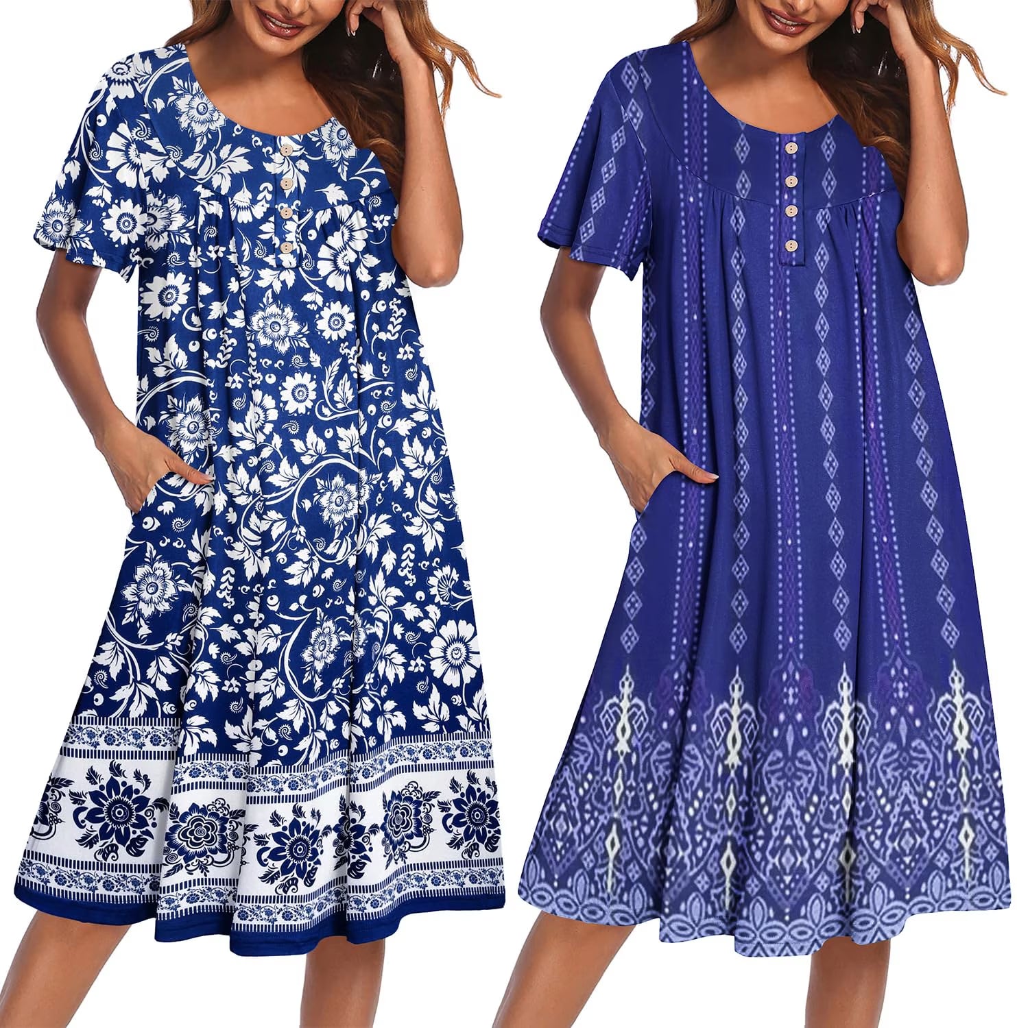 Oudiya 2 Pack Women House Dresses with Pockets Short Sleeve Mumu Dress Plus Size Moomoo Nightgown Floral Lounge Dress, S-4XL