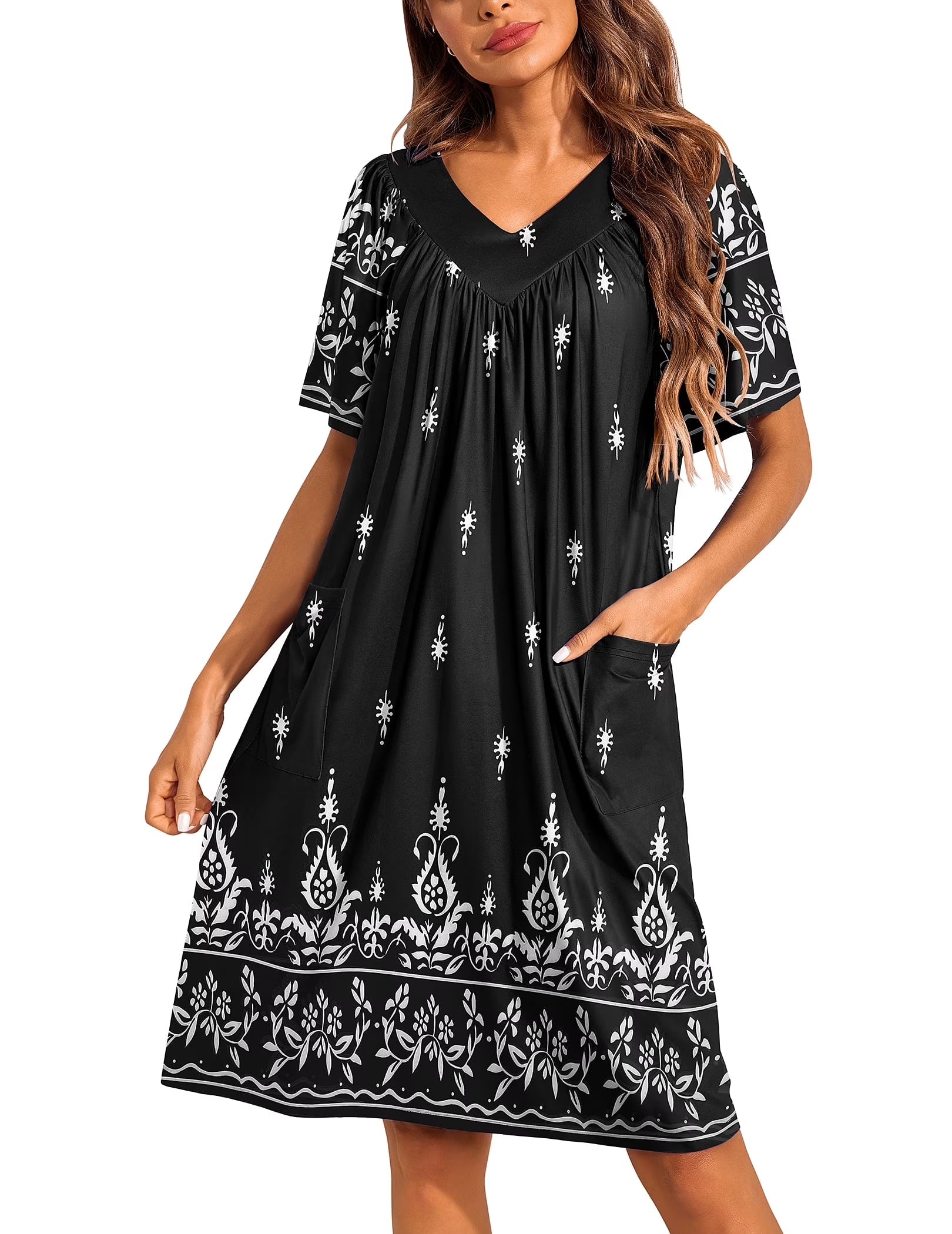 Oudiya Womens Mumus House Dress Floral Print Short Sleeve Nightgowns Moomoo Dresses with Pockets