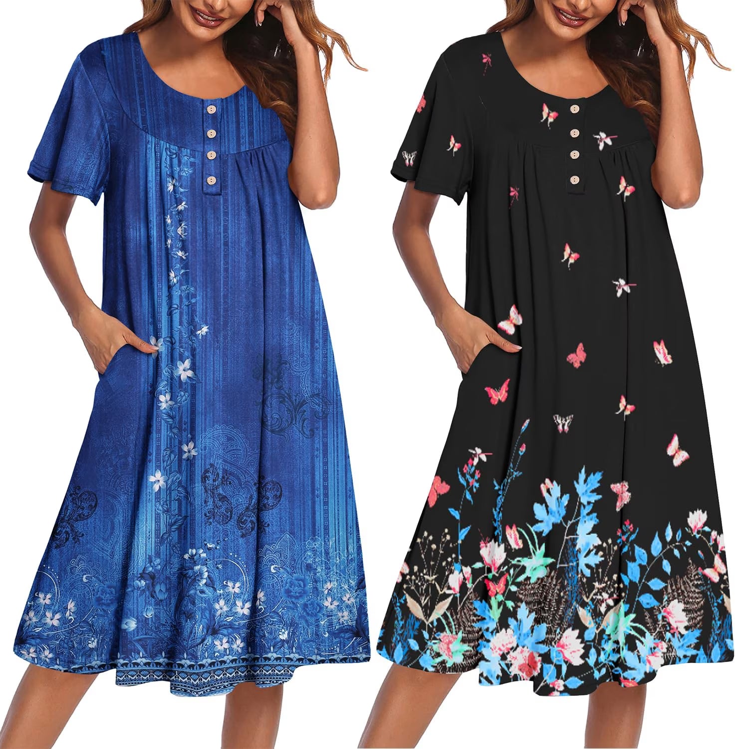 Oudiya 2 Pack Women House Dresses with Pockets Short Sleeve Mumu Dress Plus Size Moomoo Nightgown Floral Lounge Dress, S-4XL