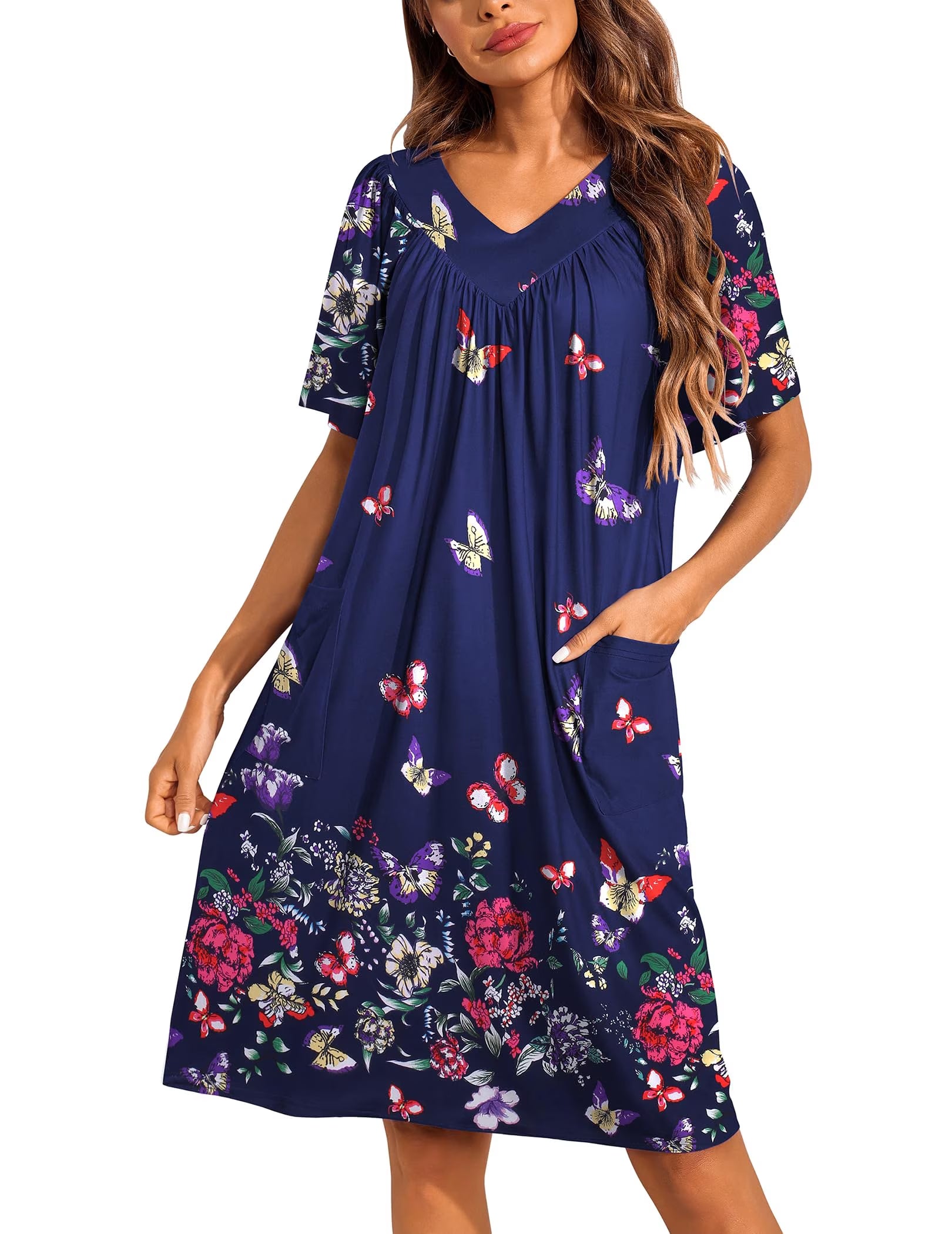 Oudiya Womens Mumus House Dress Floral Print Short Sleeve Nightgowns Moomoo Dresses with Pockets