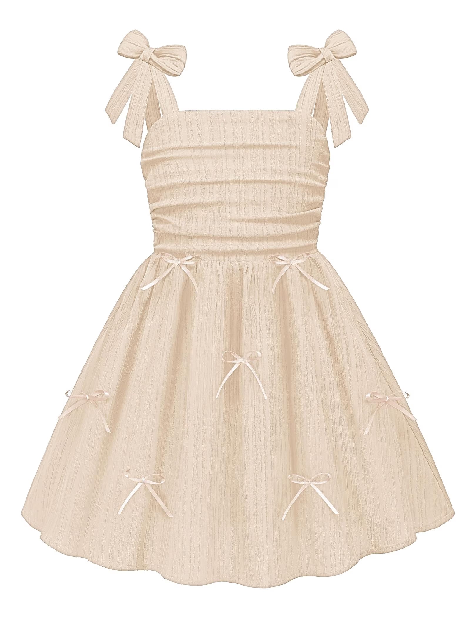 Oudiya Girls Summer Dreeses Spaghetti Strap Bow Ruched Smocked Back Boho Beach Party Sundress, 4-14Y
