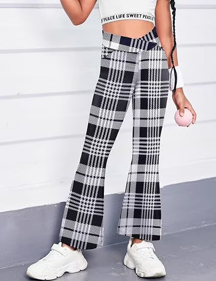 Oudiya Girls Flare Leggings High Waisted Casual V Crossover Pants Yoga Bell Bottoms with Pockets for Kids 5-14Y