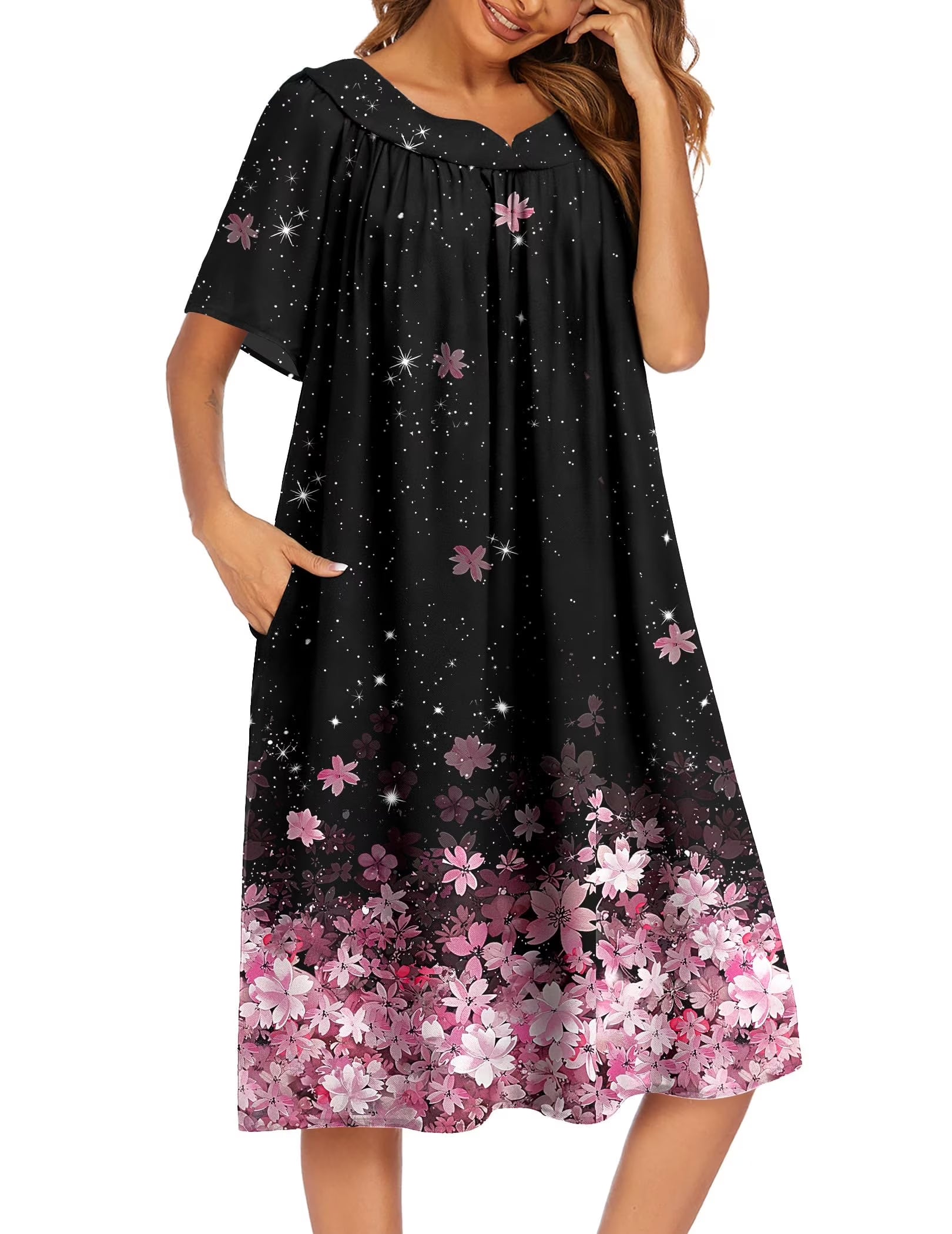 Oudiya Womens Nightgown Short Sleeve House Dress with Pockets-Floral Print Mumu Dress