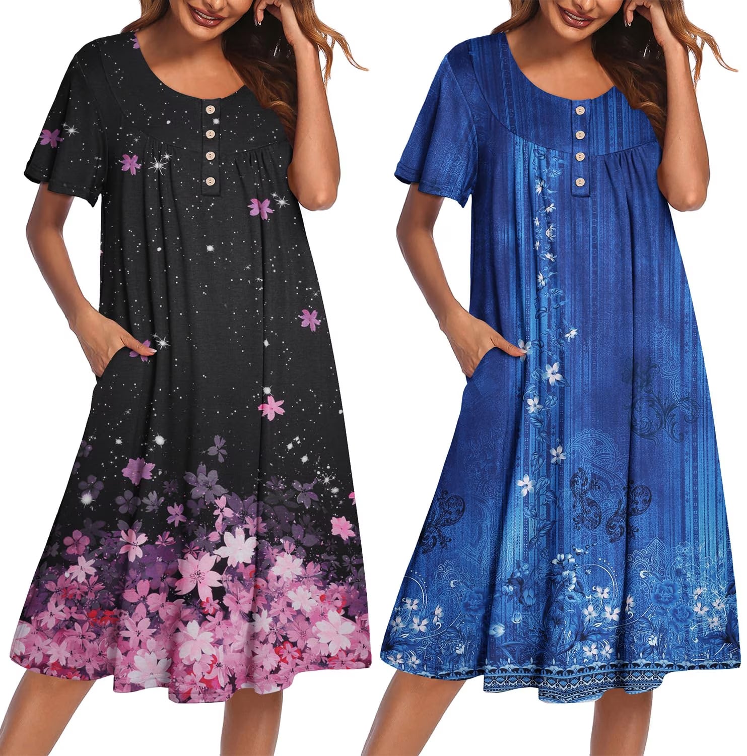 Oudiya 2 Pack Women House Dresses with Pockets Short Sleeve Mumu Dress Plus Size Moomoo Nightgown Floral Lounge Dress, S-4XL