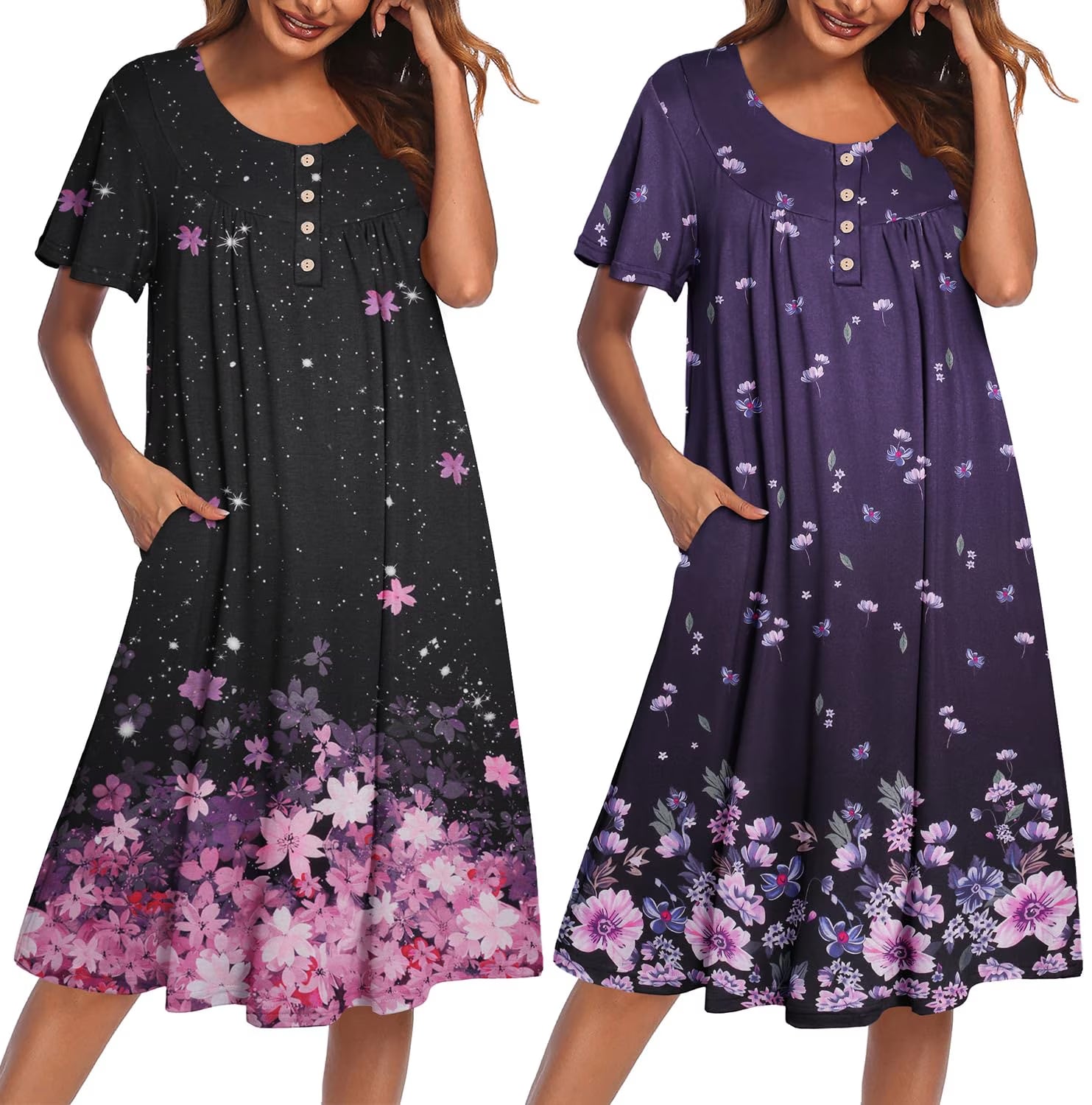 Oudiya 2 Pack Women House Dresses with Pockets Short Sleeve Mumu Dress Plus Size Moomoo Nightgown Floral Lounge Dress, S-4XL
