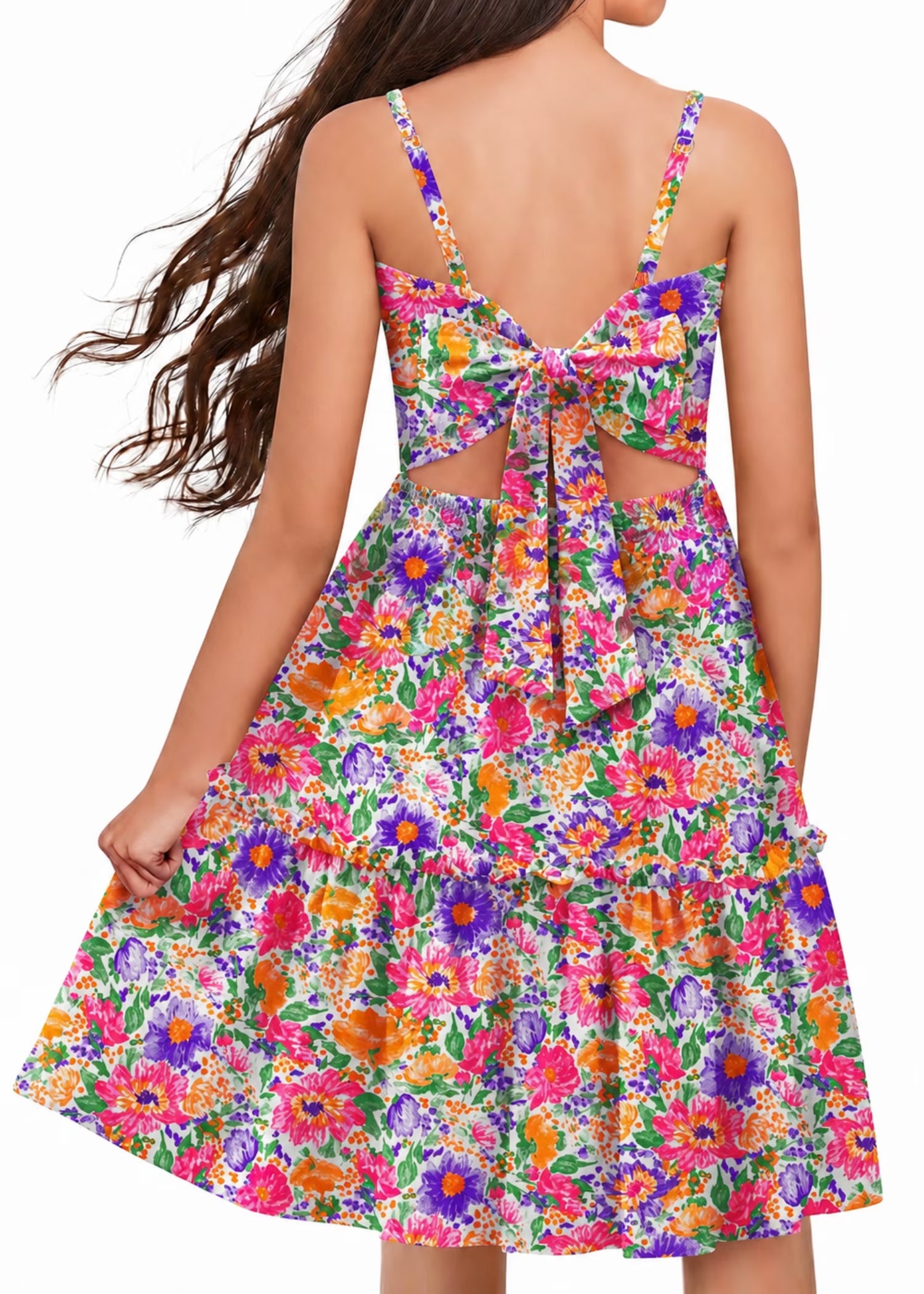 Oudiya Girls Spaghetti Strap Tie Back Dress Ruffle Hem Summer Beach Casual Sundress with Pockets, 6-14Y
