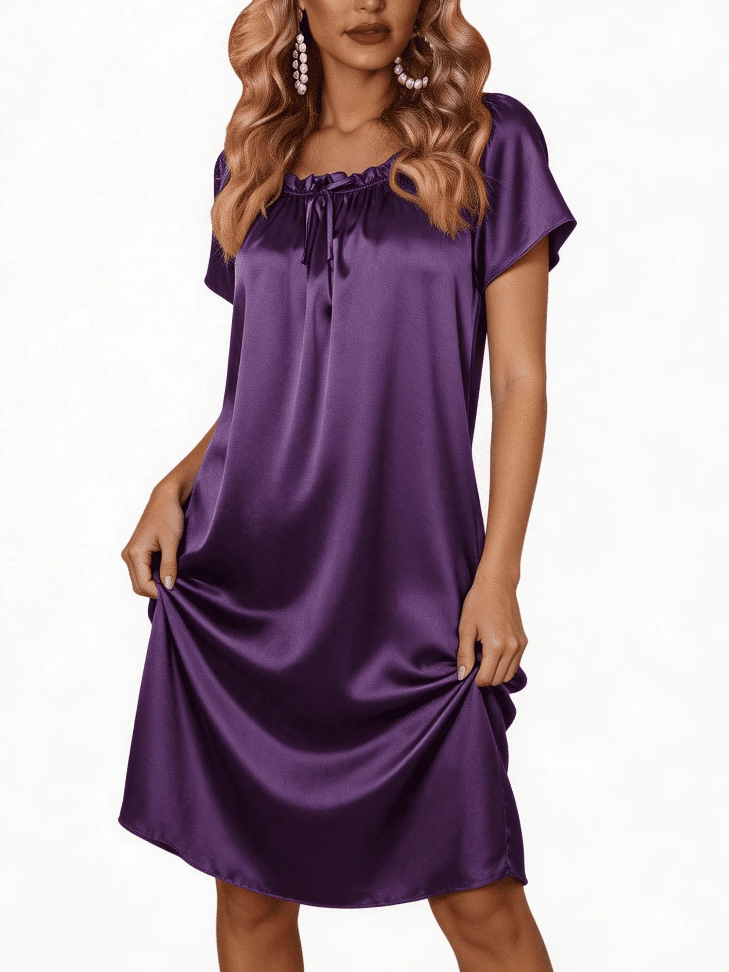 Oudiya Women Satin Silk Nightgown Pleated Loose Sleepwear Printed Nightshirt Short Sleeve Sleep Dress, S-4XL
