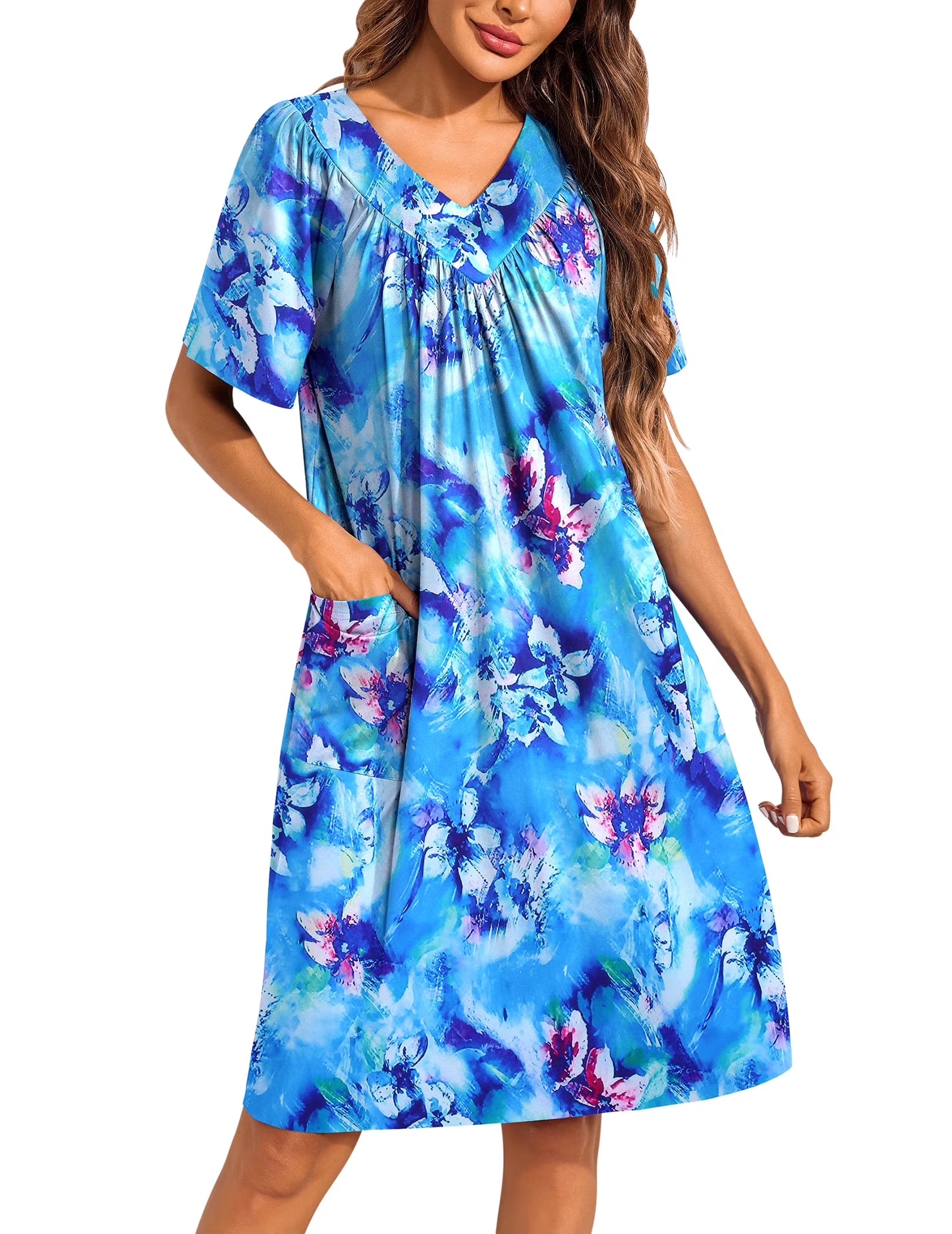Oudiya Womens Mumus House Dress Floral Print Short Sleeve Nightgowns Moomoo Dresses with Pockets
