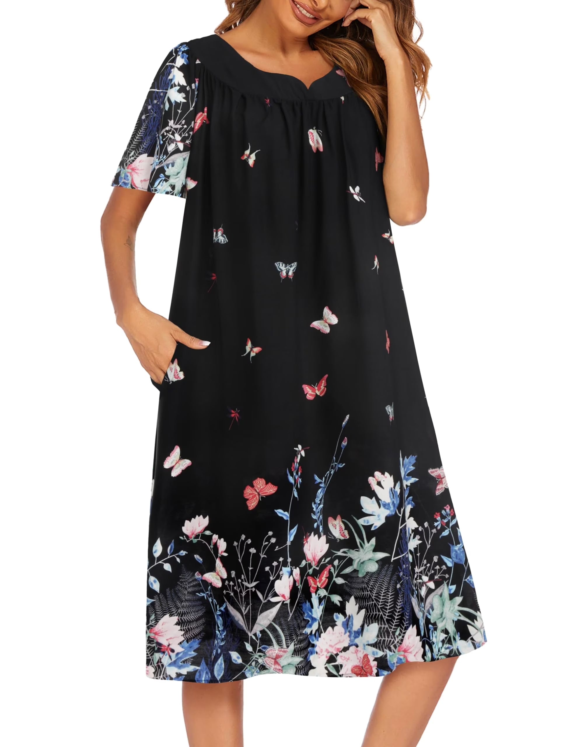 Oudiya Womens Nightgown Short Sleeve House Dress with Pockets-Floral Print Mumu Dress
