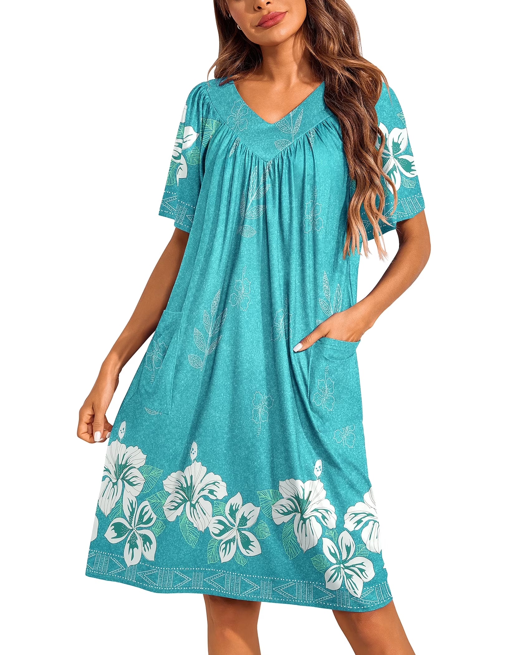 Oudiya Womens Mumus House Dress Floral Print Short Sleeve Nightgowns Moomoo Dresses with Pockets