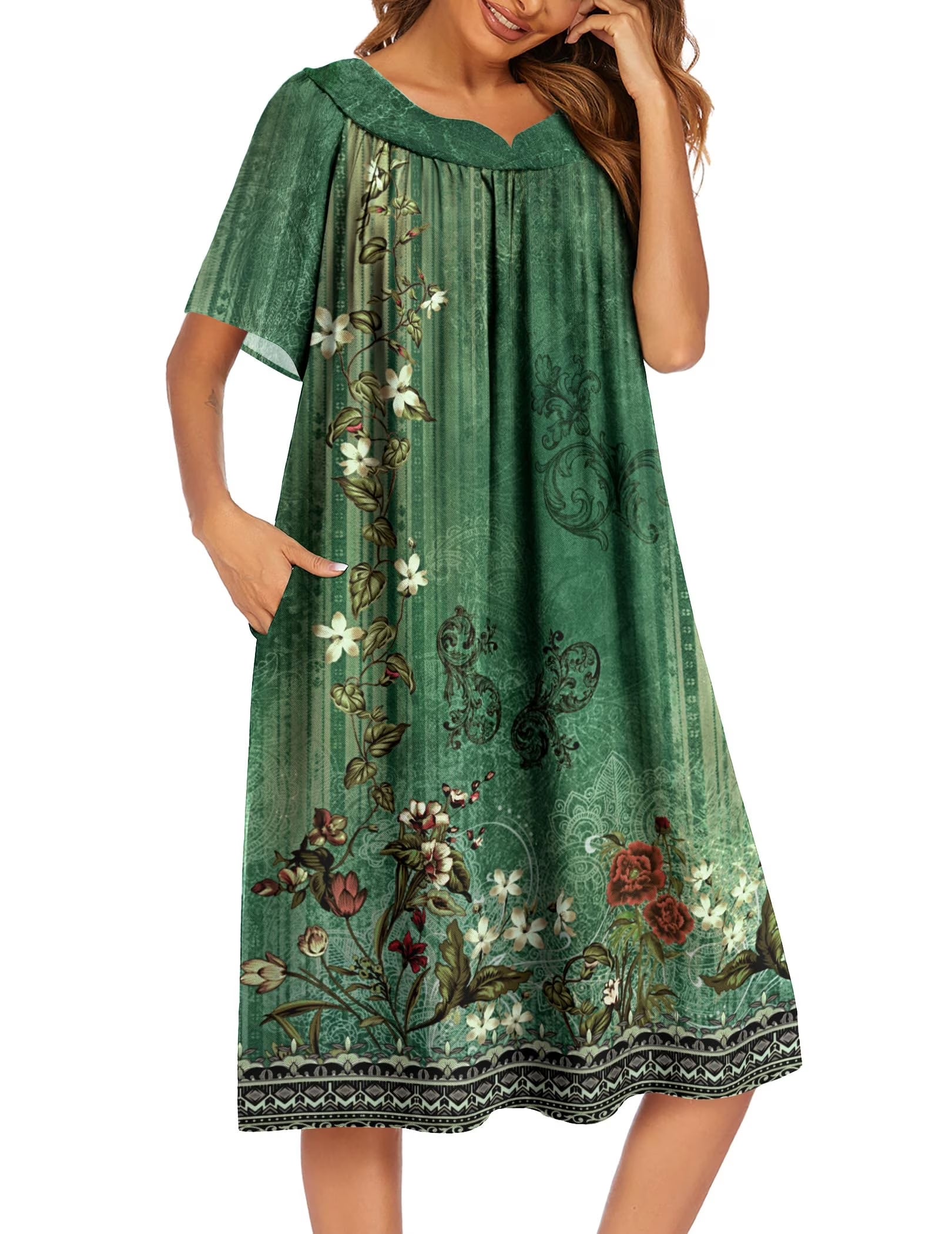 Oudiya Womens Nightgown Short Sleeve House Dress with Pockets-Floral Print Mumu Dress