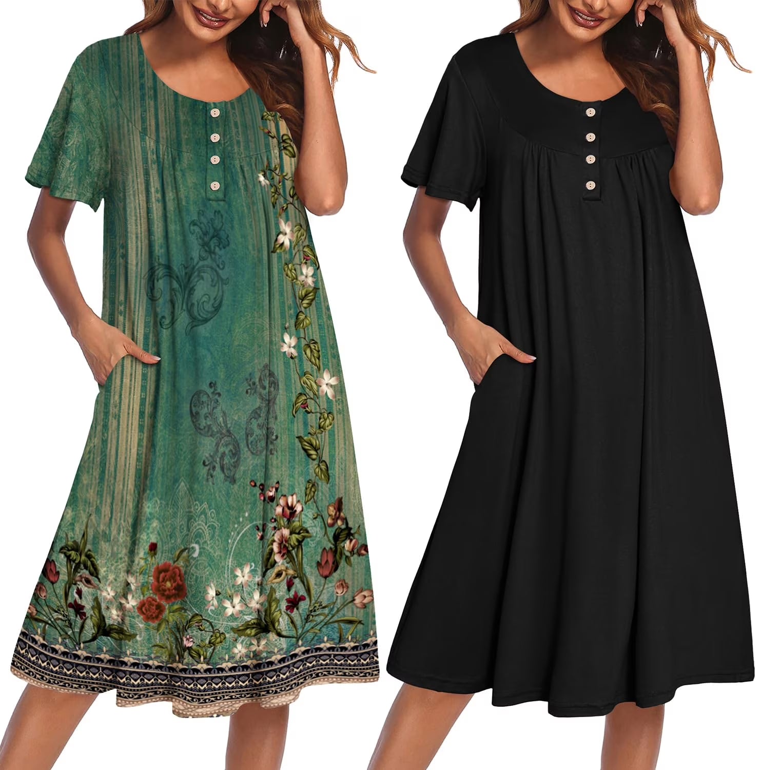 Oudiya 2 Pack Women House Dresses with Pockets Short Sleeve Mumu Dress Plus Size Moomoo Nightgown Floral Lounge Dress, S-4XL