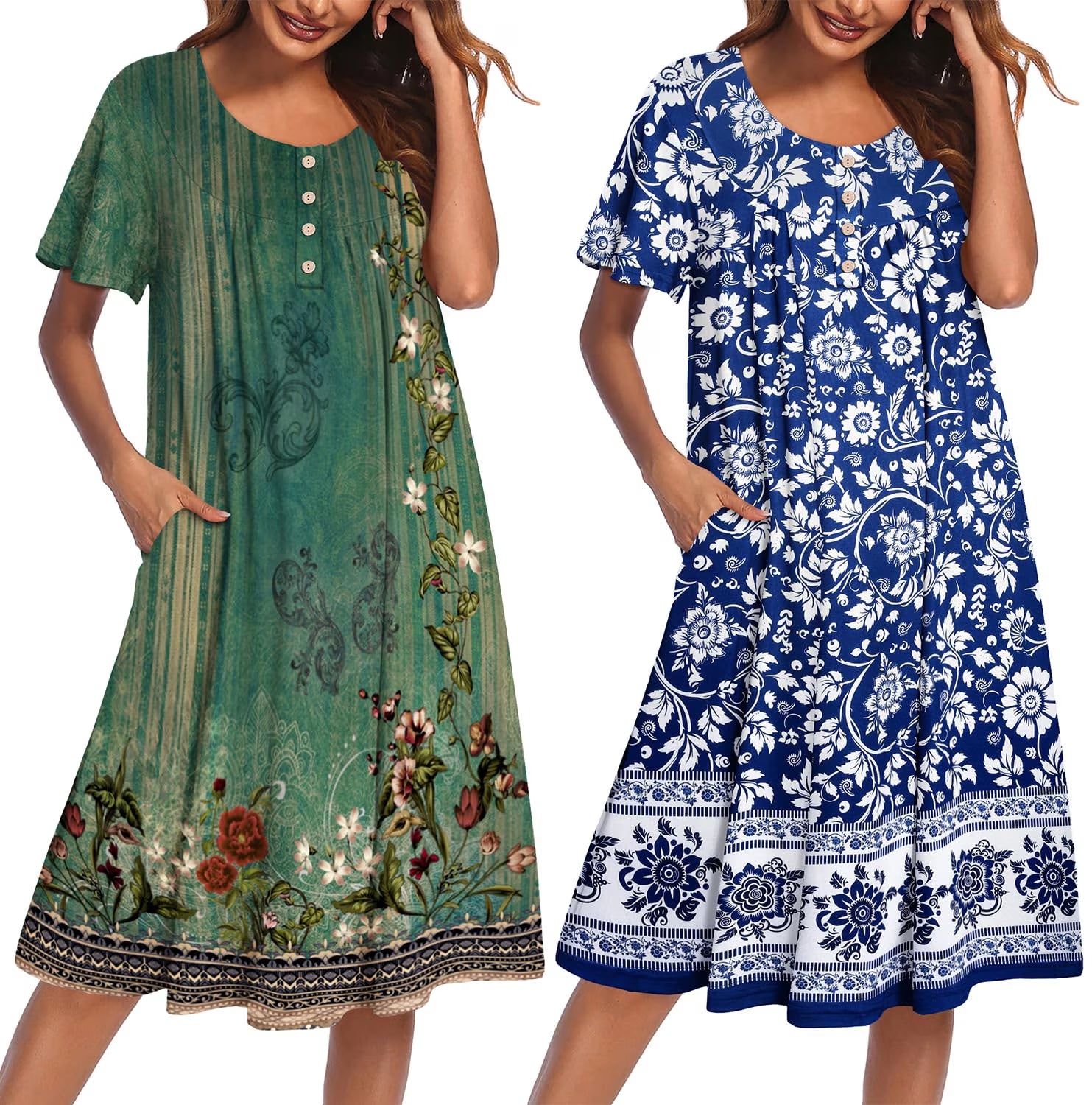 Oudiya 2 Pack Women House Dresses with Pockets Short Sleeve Mumu Dress Plus Size Moomoo Nightgown Floral Lounge Dress, S-4XL