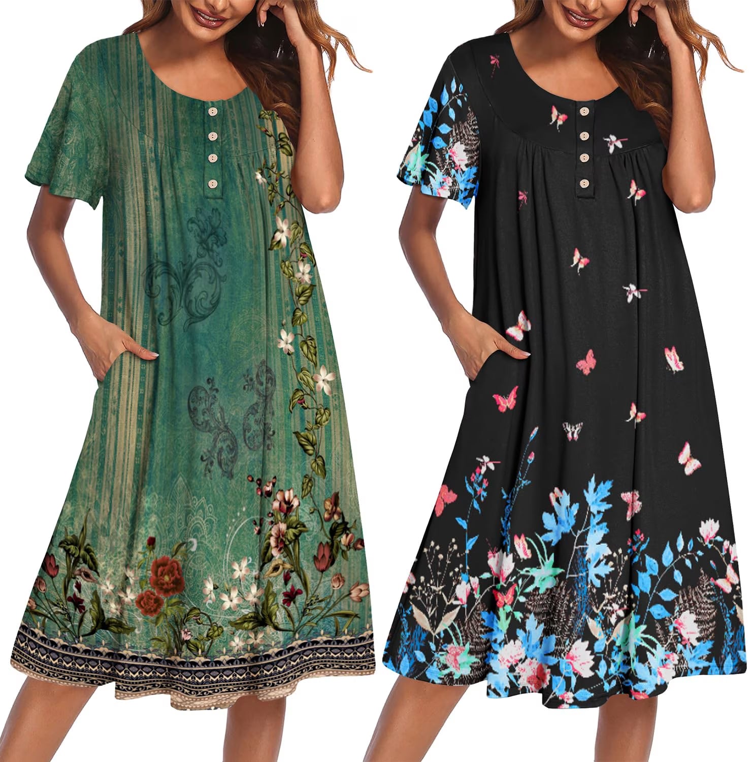 Oudiya 2 Pack Women House Dresses with Pockets Short Sleeve Mumu Dress Plus Size Moomoo Nightgown Floral Lounge Dress, S-4XL