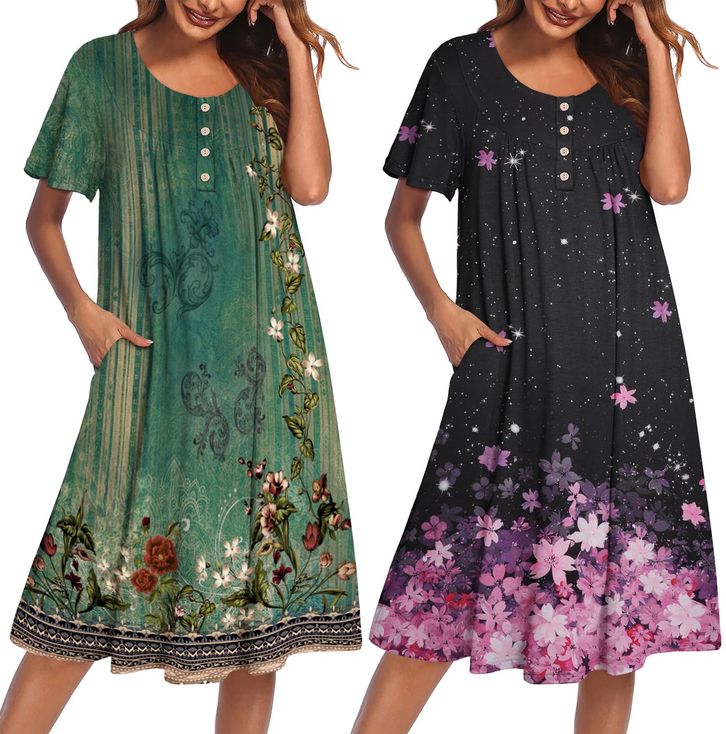 Oudiya 2 Pack Women House Dresses with Pockets Short Sleeve Mumu Dress Plus Size Moomoo Nightgown Floral Lounge Dress, S-4XL