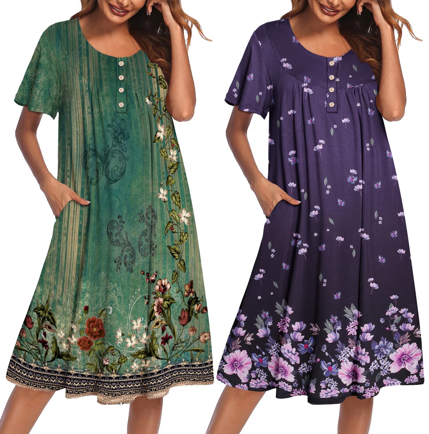 Oudiya 2 Pack Women House Dresses with Pockets Short Sleeve Mumu Dress Plus Size Moomoo Nightgown Floral Lounge Dress, S-4XL