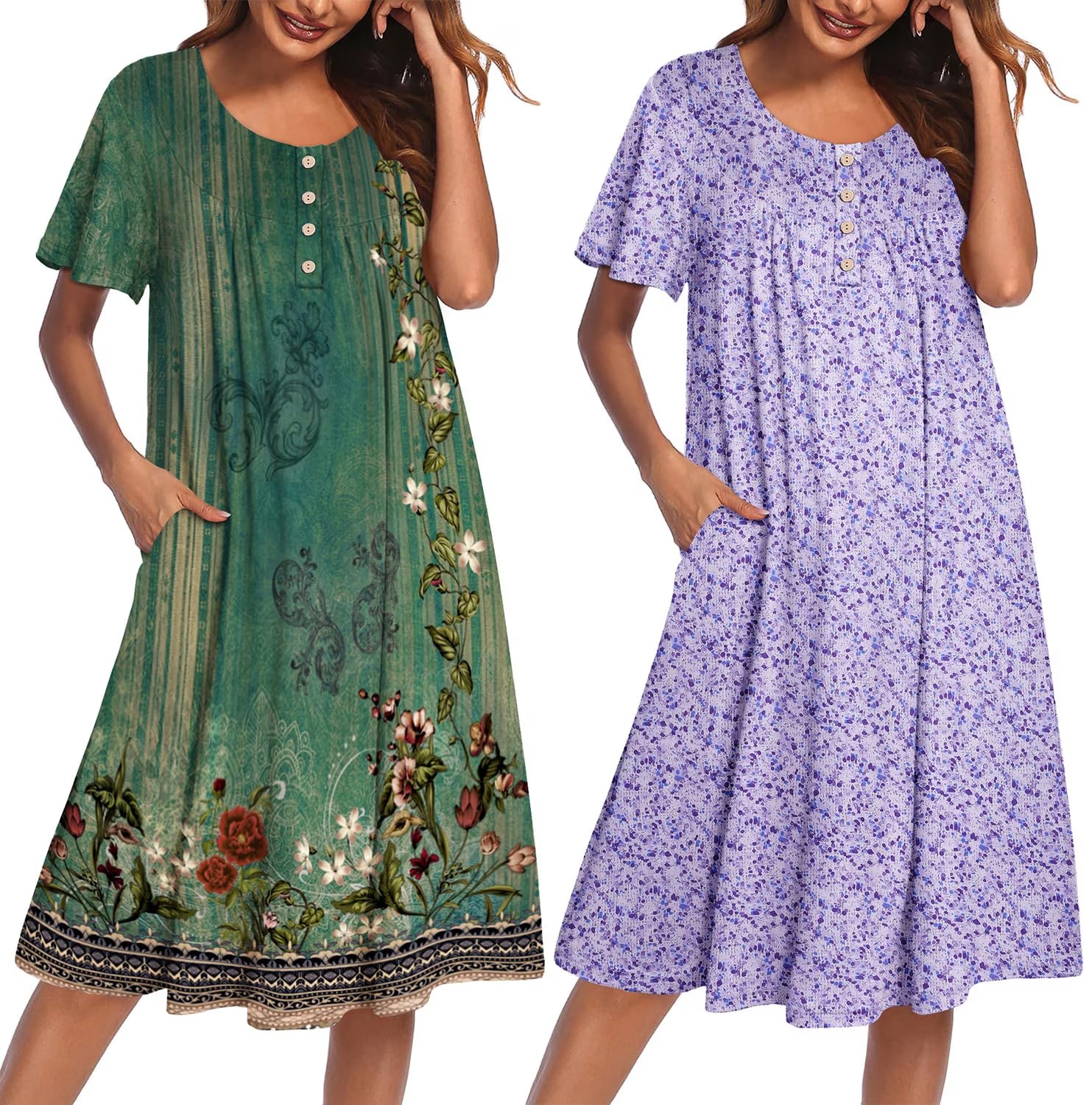 Oudiya 2 Pack Women House Dresses with Pockets Short Sleeve Mumu Dress Plus Size Moomoo Nightgown Floral Lounge Dress, S-4XL