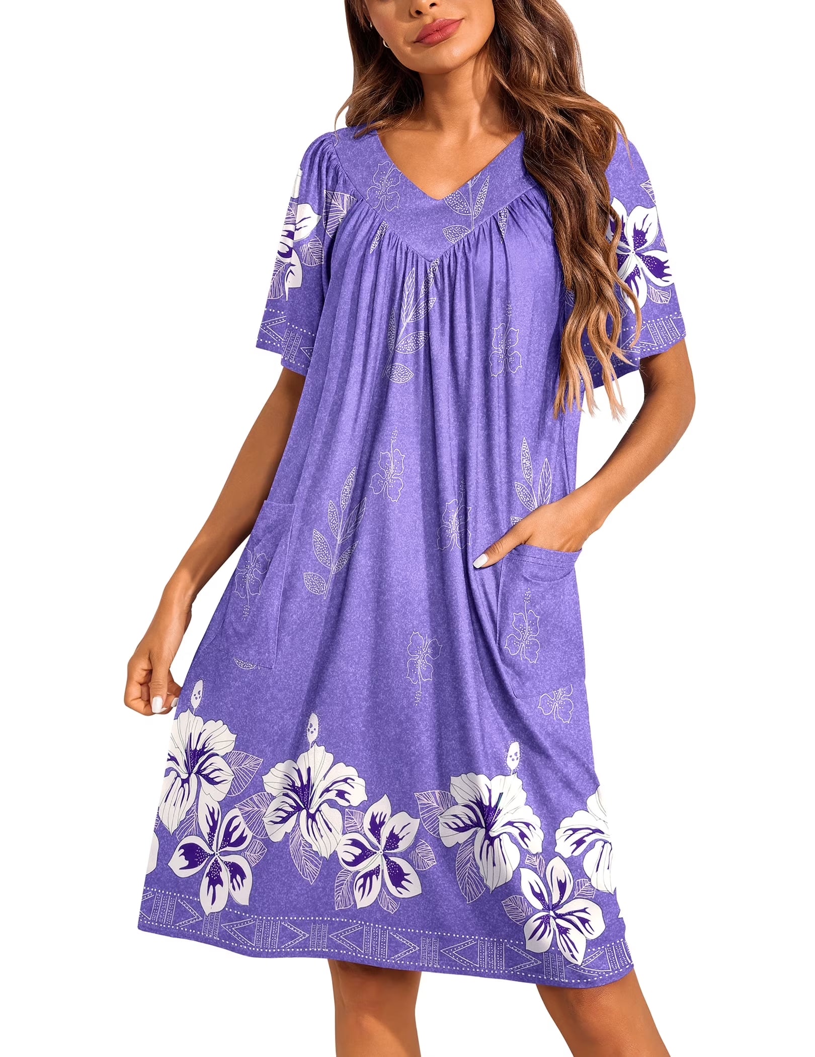 Oudiya Womens Mumus House Dress Floral Print Short Sleeve Nightgowns Moomoo Dresses with Pockets