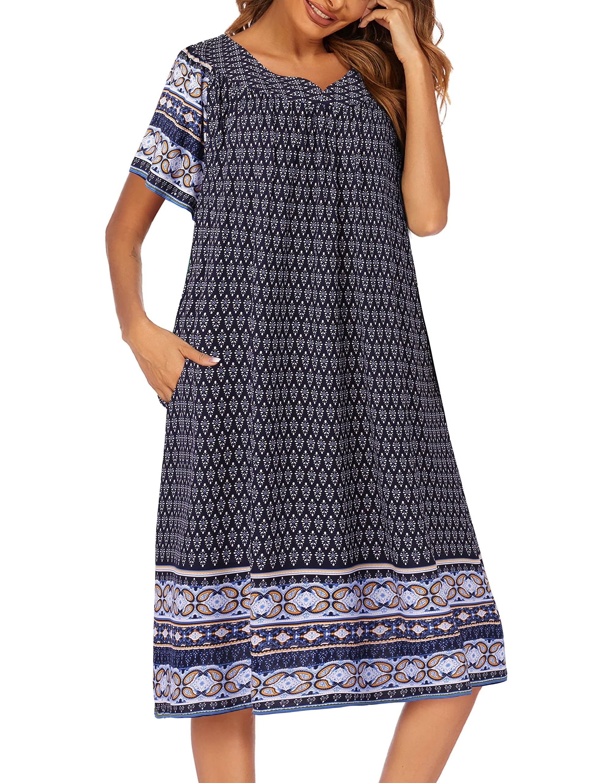 Oudiya Womens Nightgown Short Sleeve House Dress with Pockets-Floral Print Mumu Dress