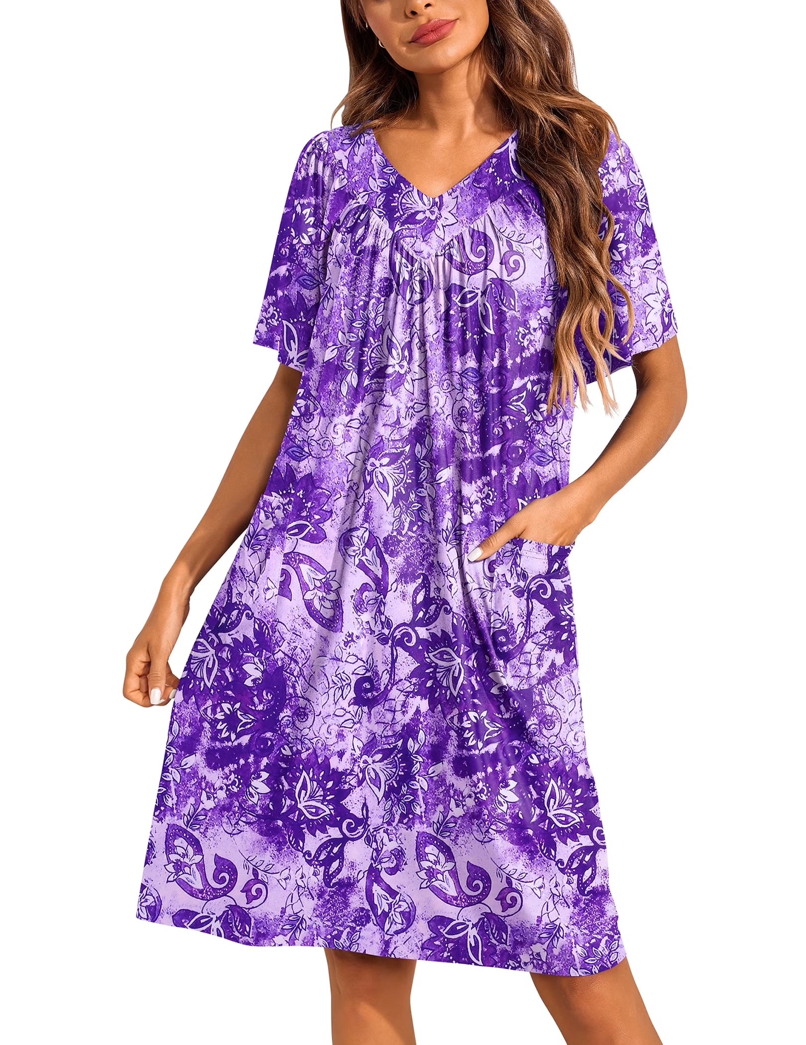 Oudiya Womens Mumus House Dress Floral Print Short Sleeve Nightgowns Moomoo Dresses with Pockets