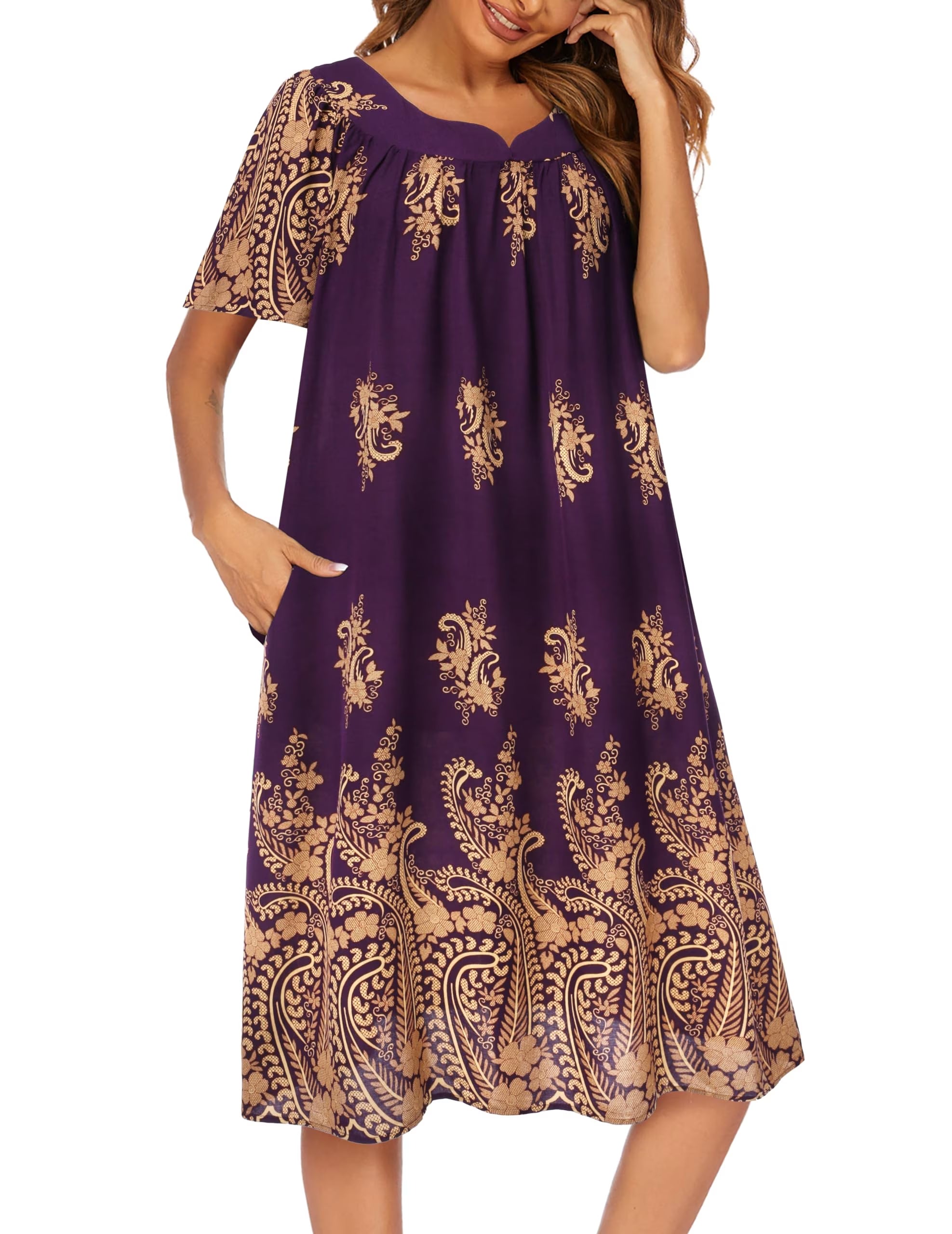 Oudiya Womens Nightgown Short Sleeve House Dress with Pockets-Floral Print Mumu Dress