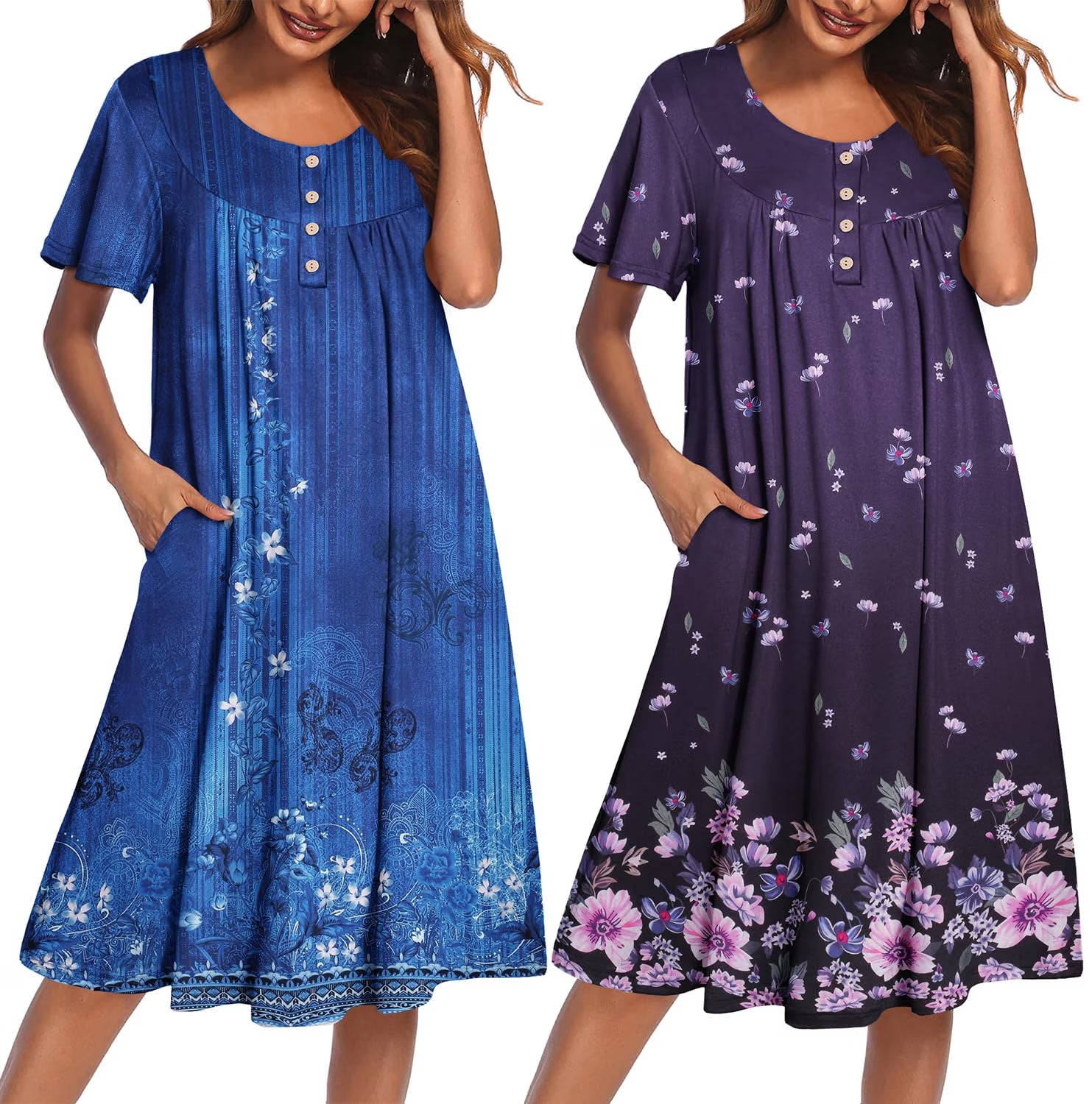 Oudiya 2 Pack Women House Dresses with Pockets Short Sleeve Mumu Dress Plus Size Moomoo Nightgown Floral Lounge Dress, S-4XL