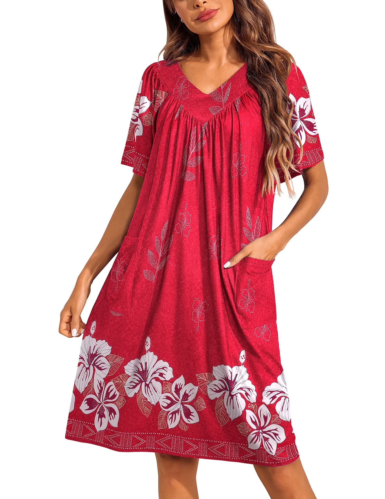 Oudiya Womens Mumus House Dress Floral Print Short Sleeve Nightgowns Moomoo Dresses with Pockets