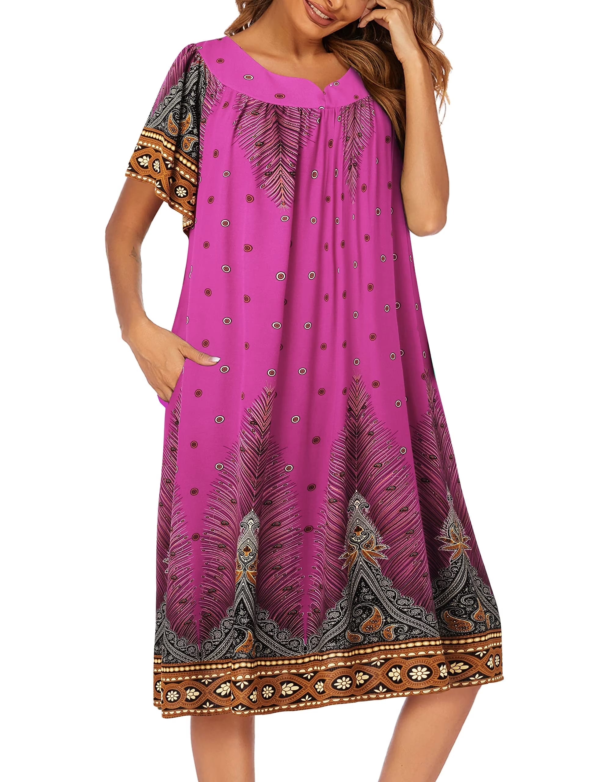 Oudiya Womens Nightgown Short Sleeve House Dress with Pockets-Floral Print Mumu Dress