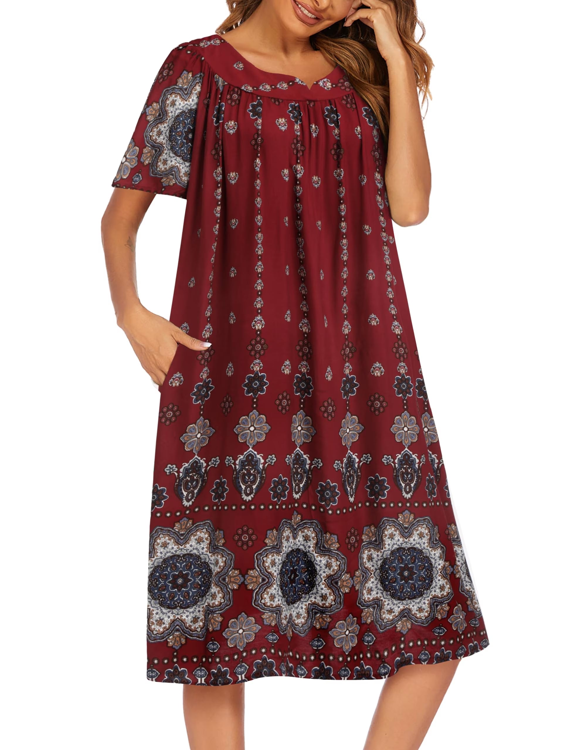 Oudiya Womens Nightgown Short Sleeve House Dress with Pockets-Floral Print Mumu Dress