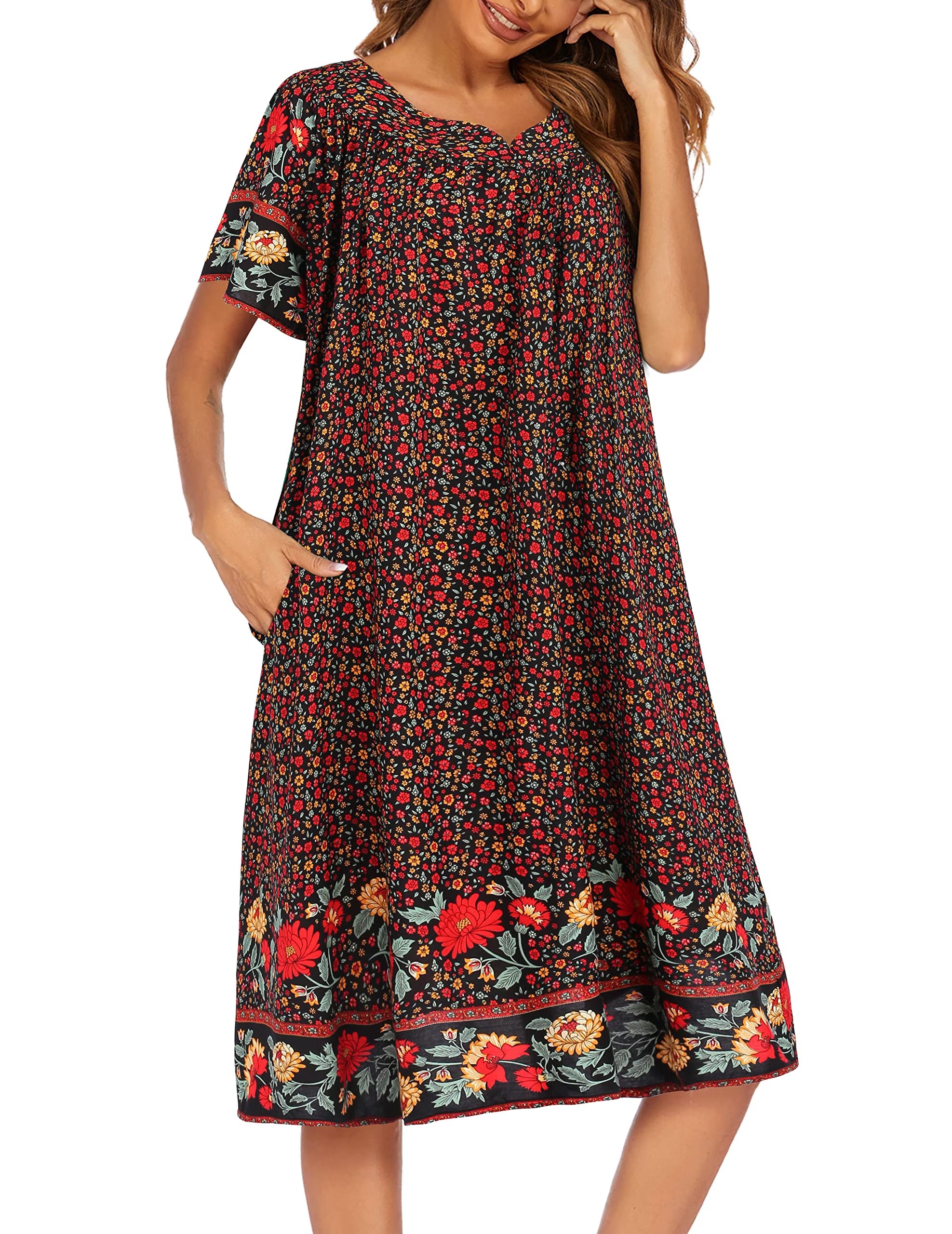 Oudiya Womens Nightgown Short Sleeve House Dress with Pockets-Floral Print Mumu Dress