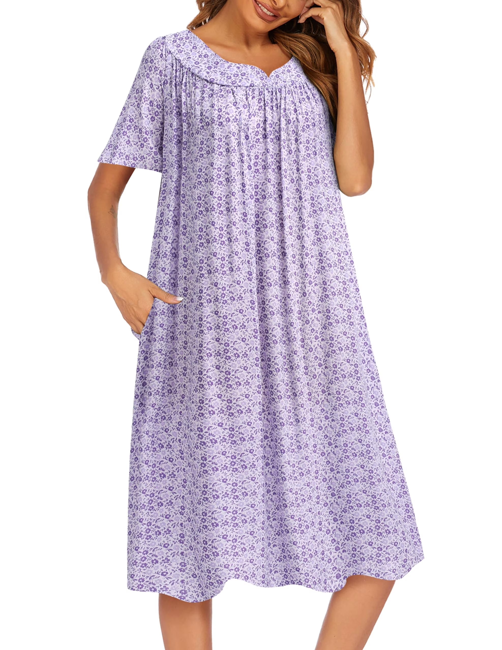 Oudiya Womens Nightgown Short Sleeve House Dress with Pockets-Floral Print Mumu Dress