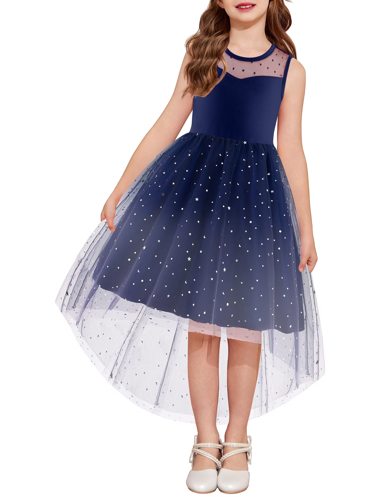 Oudiya Girls Formal Party Dresses Wedding Tulle Sleeveless Contrast Mesh High Low Flower Dress with Belt