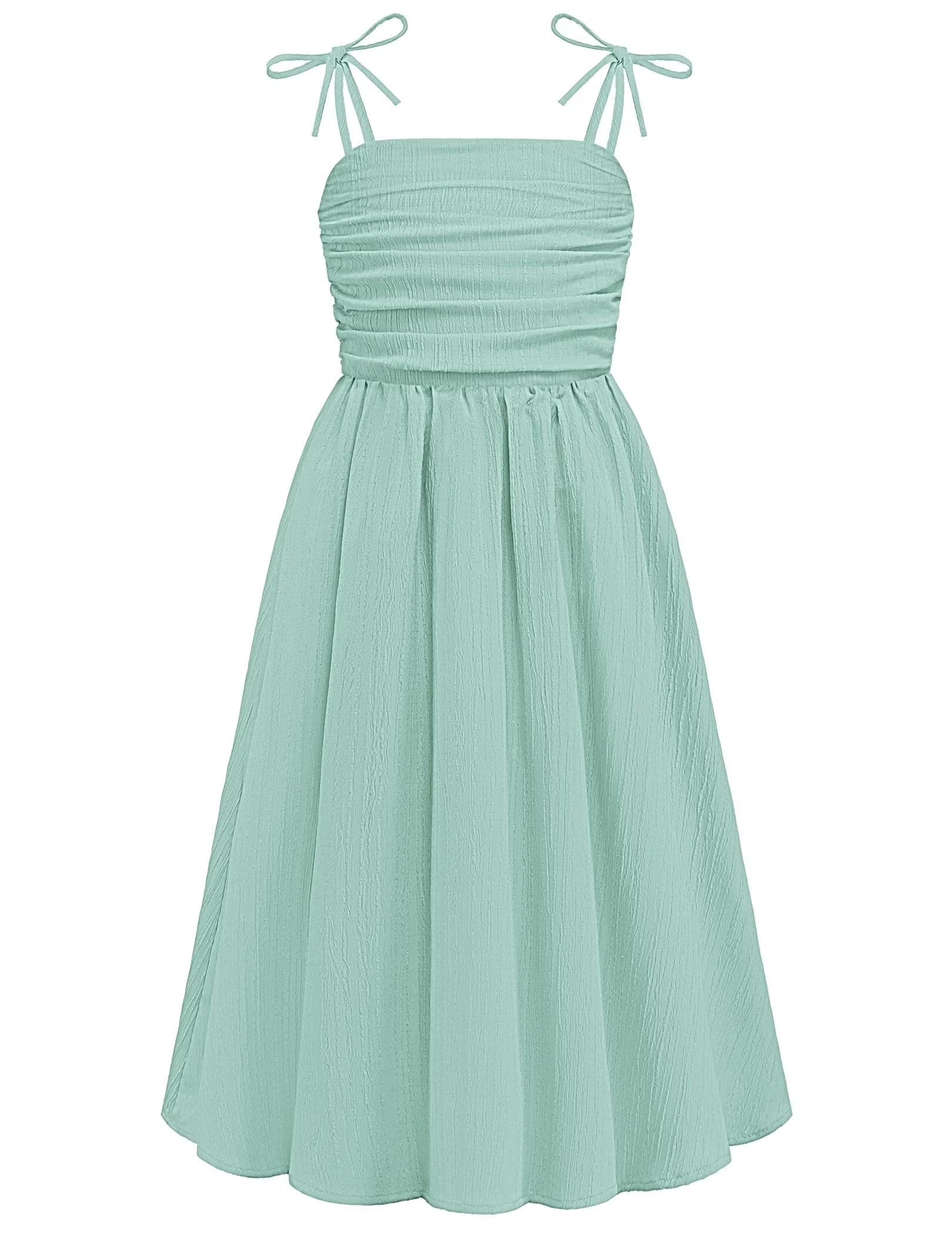 Oudiya Girls Summer Dress Maxi Spaghetti Strap Ruched Flowy Beach Boho Casual Teen Girl Party Sundress 6-14Y