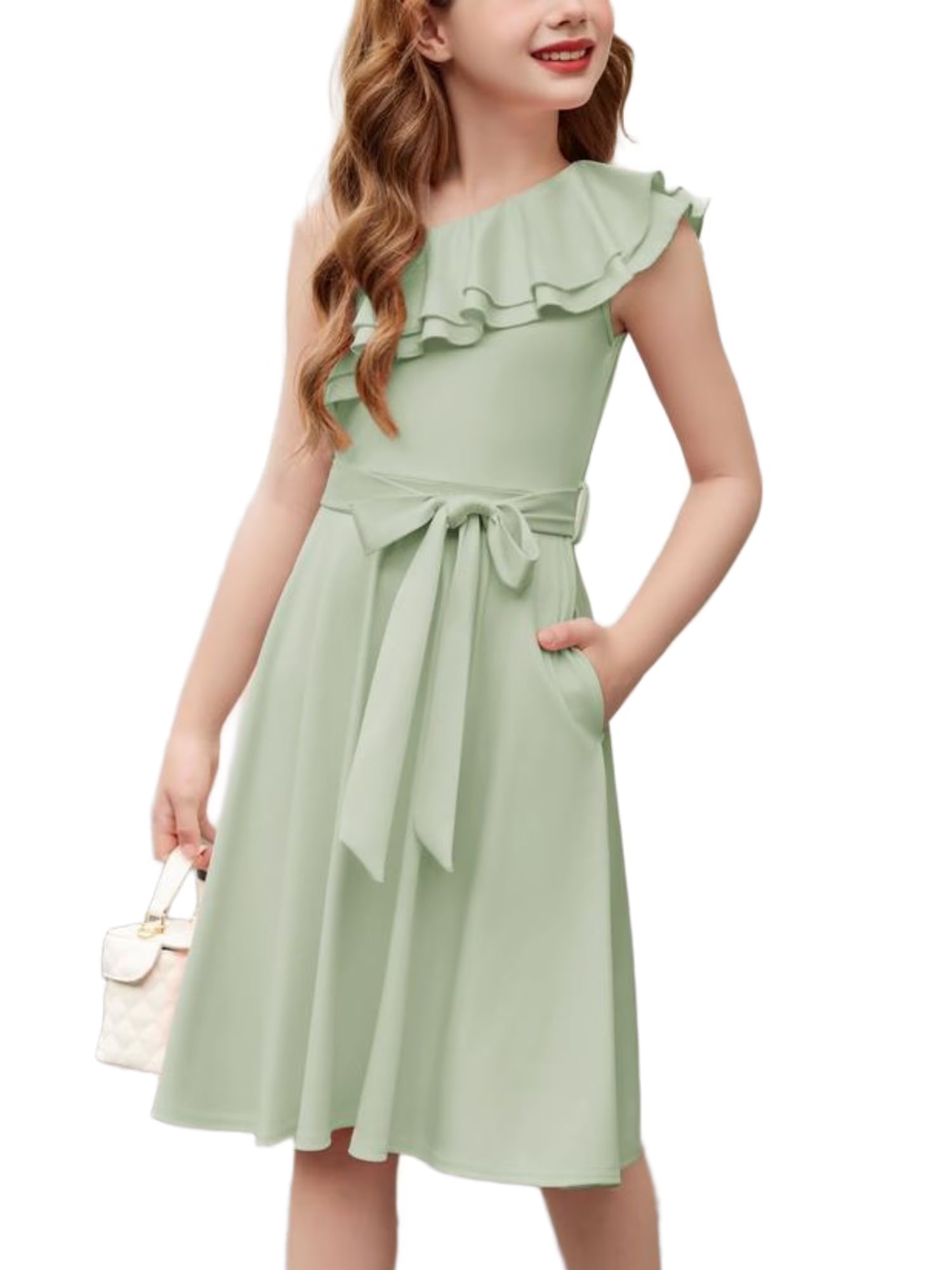 Oudiya Girls One Shoulder Dress Formal Ruffle Trim Birthday Party Dresses with Belted Pockets for Kids 5-12Y