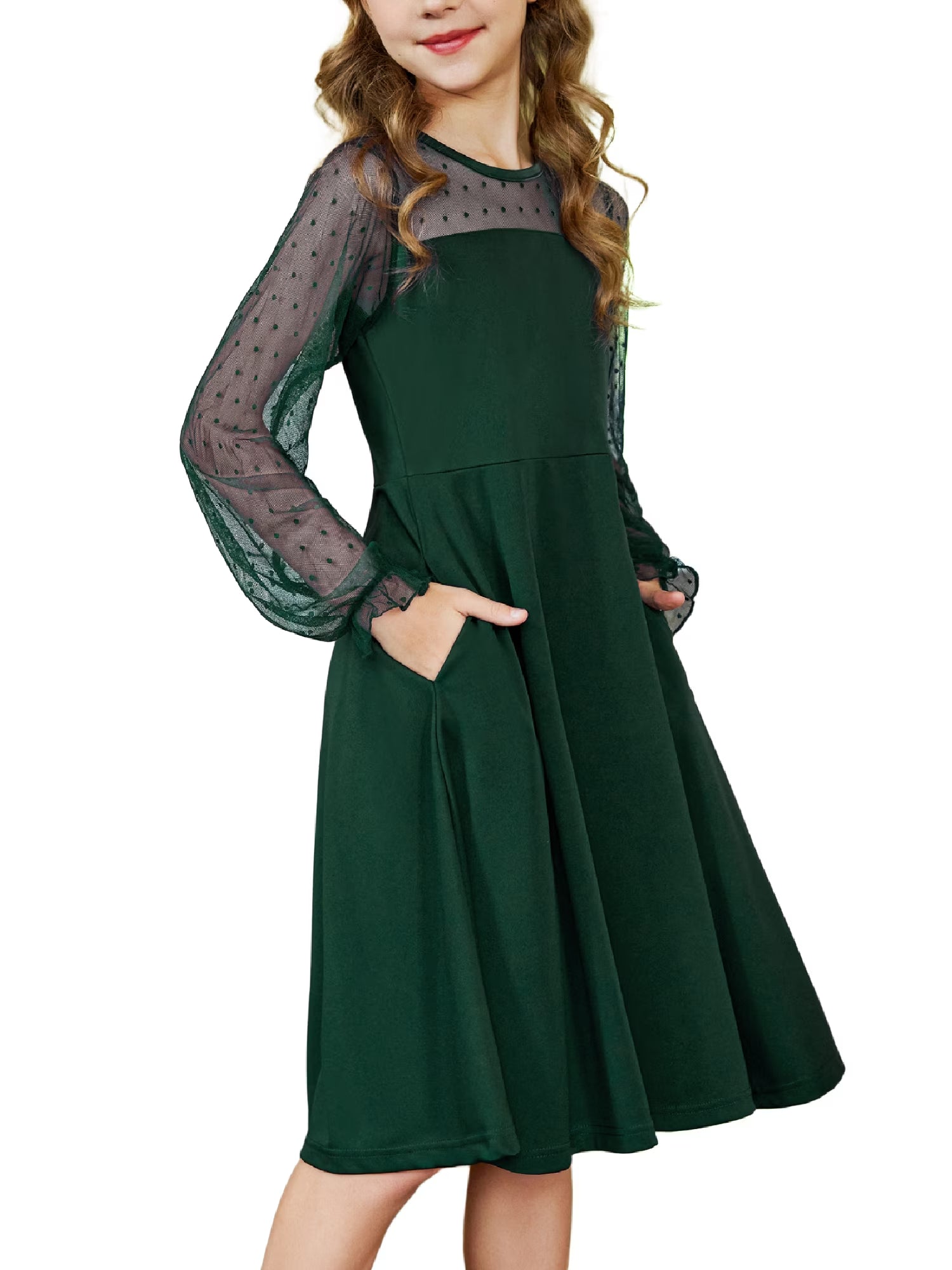 Oudiya Girls Mesh Puff Lantern Long Sleeve High Waist Easter Formal A Line Dress with Pockets for Kids 6-16 Years