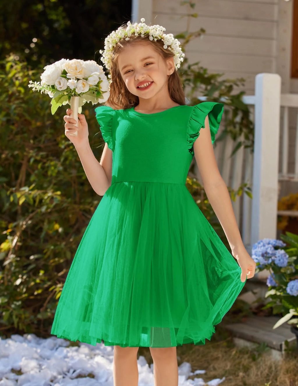 Oudiya Toddler Girls Tutu Dress Fluffy Ruffle Sleeve Dresses Summer Casual Tulle Party Sundress for Kids 6-7Y