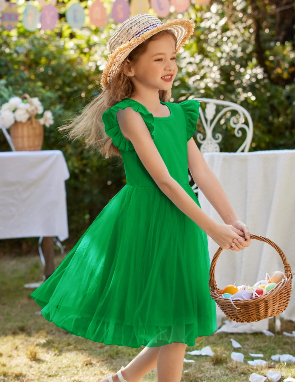 Oudiya Toddler Girls Tutu Dress Fluffy Ruffle Sleeve Dresses Summer Casual Tulle Party Sundress for Kids 6-7Y