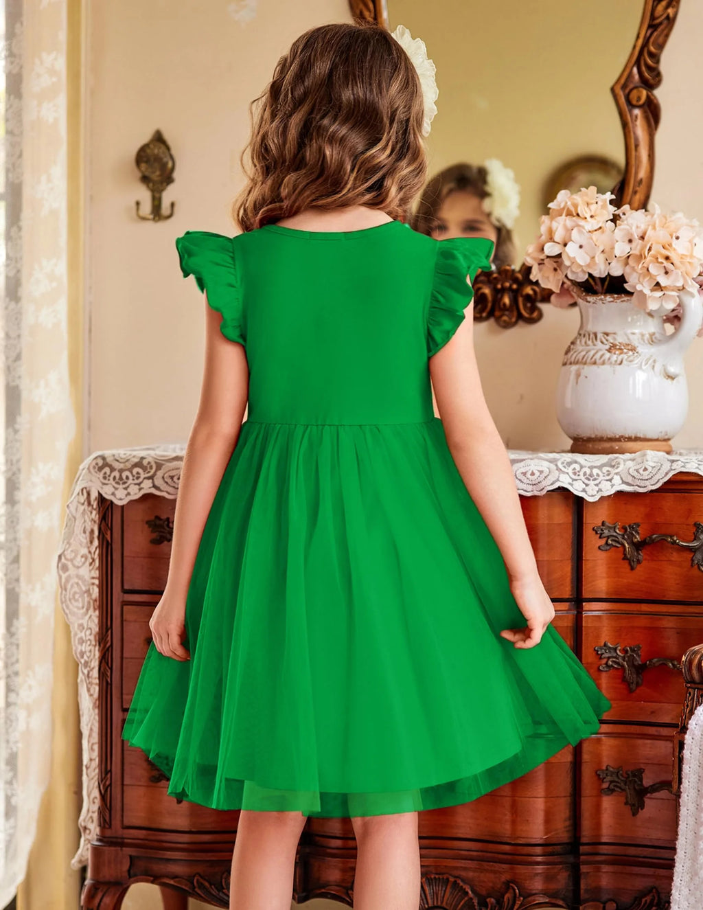 Oudiya Toddler Girls Tutu Dress Fluffy Ruffle Sleeve Dresses Summer Casual Tulle Party Sundress for Kids 6-7Y
