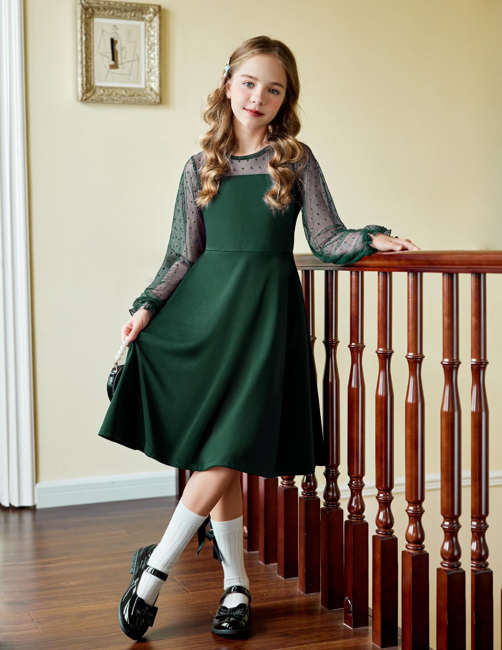 Oudiya Girls Mesh Puff Lantern Long Sleeve High Waist Easter Formal A Line Dress with Pockets for Kids 6-16 Years