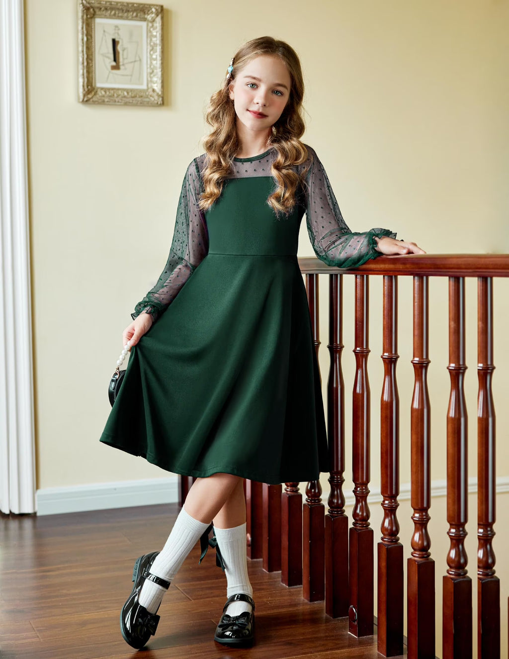 Oudiya Girls Mesh Puff Lantern Long Sleeve High Waist Formal A Line Dress with Pockets for Kids 6-16 Years