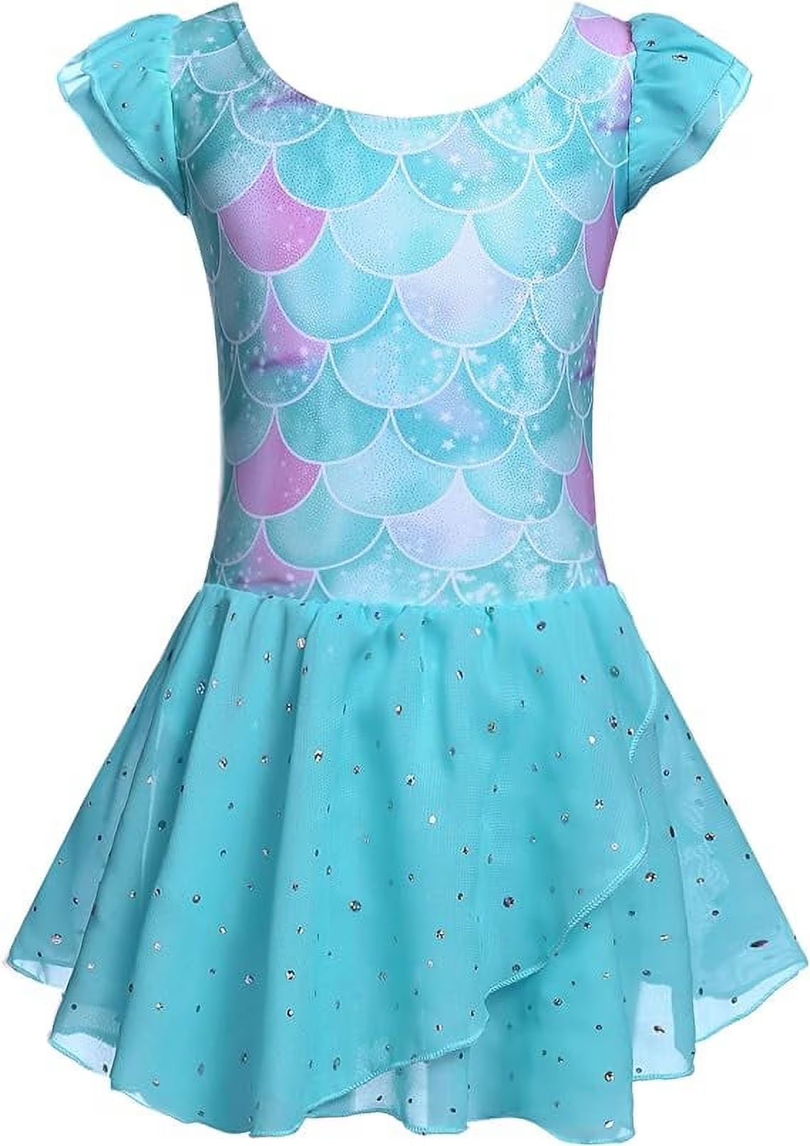 Oudiya Girls Ballet Dance Dress Leotards Ruffle Sleeve Shiny Ballet Tutu Skirt for Kids 3-11Y